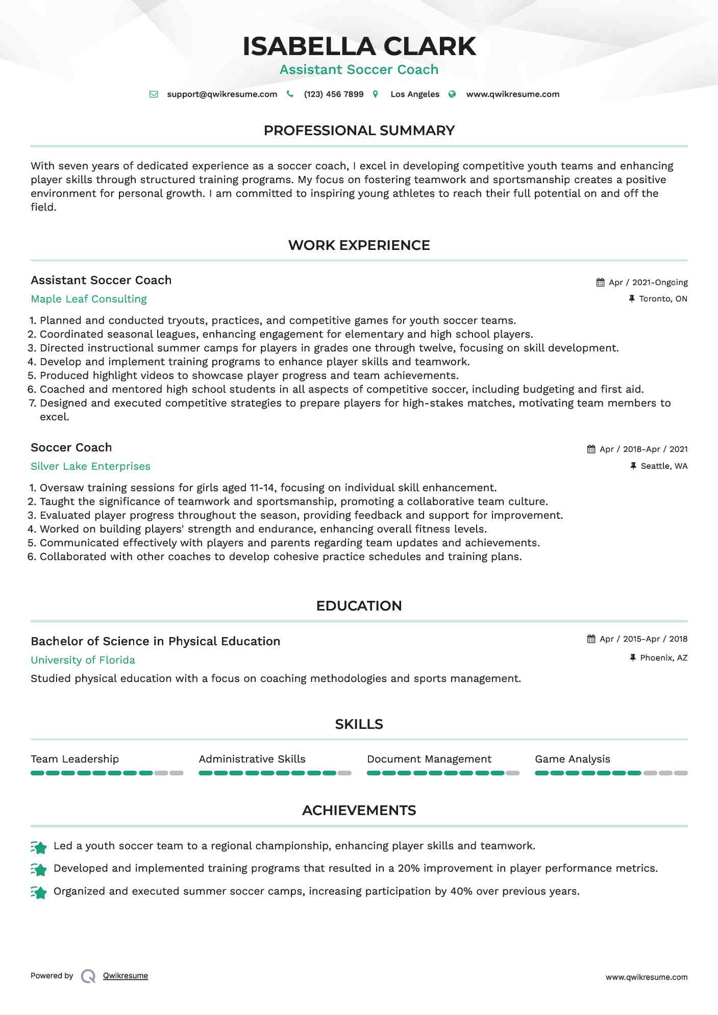 Assistant Soccer Coach
 Resume Format