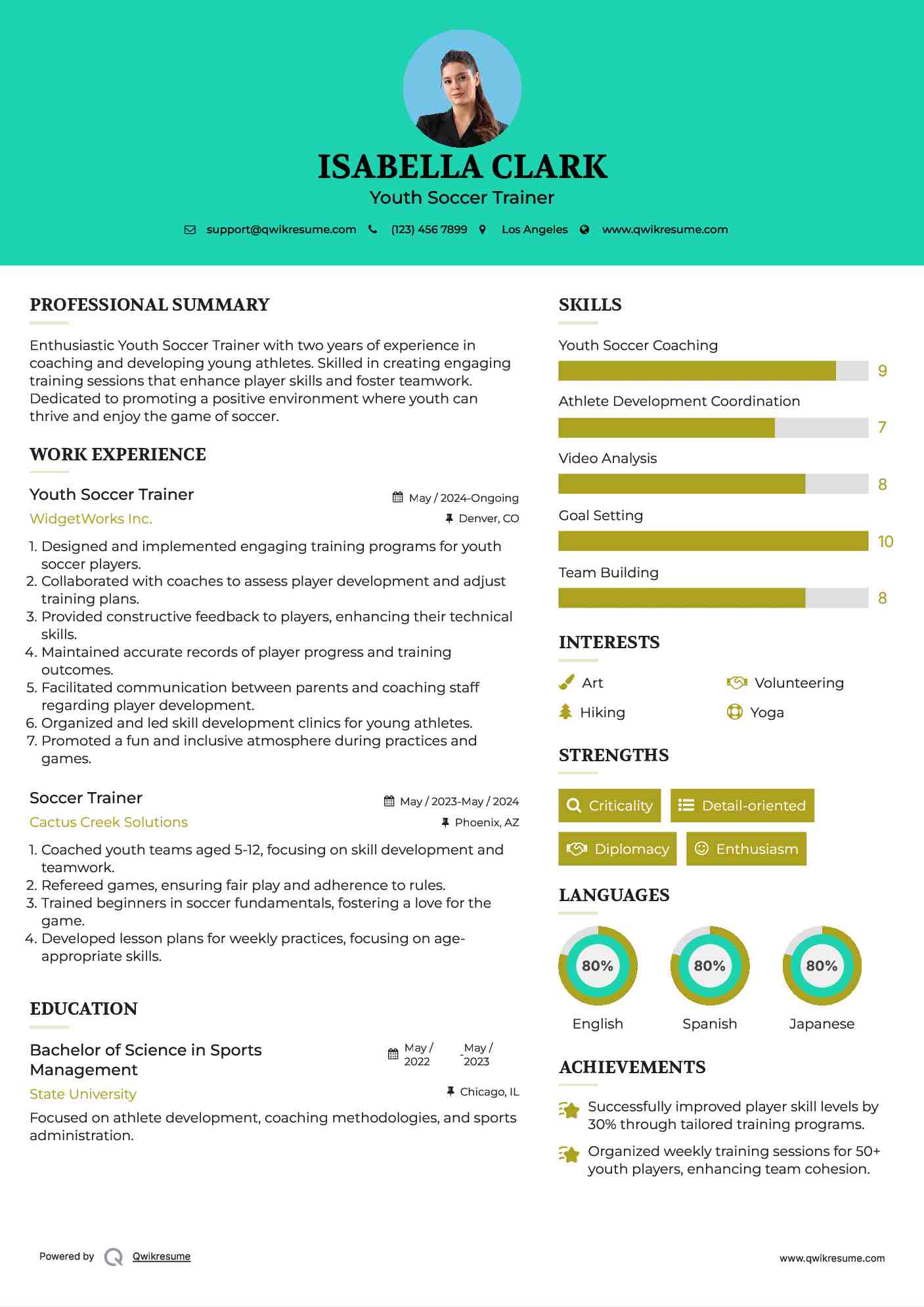 Youth Soccer Trainer Resume Example