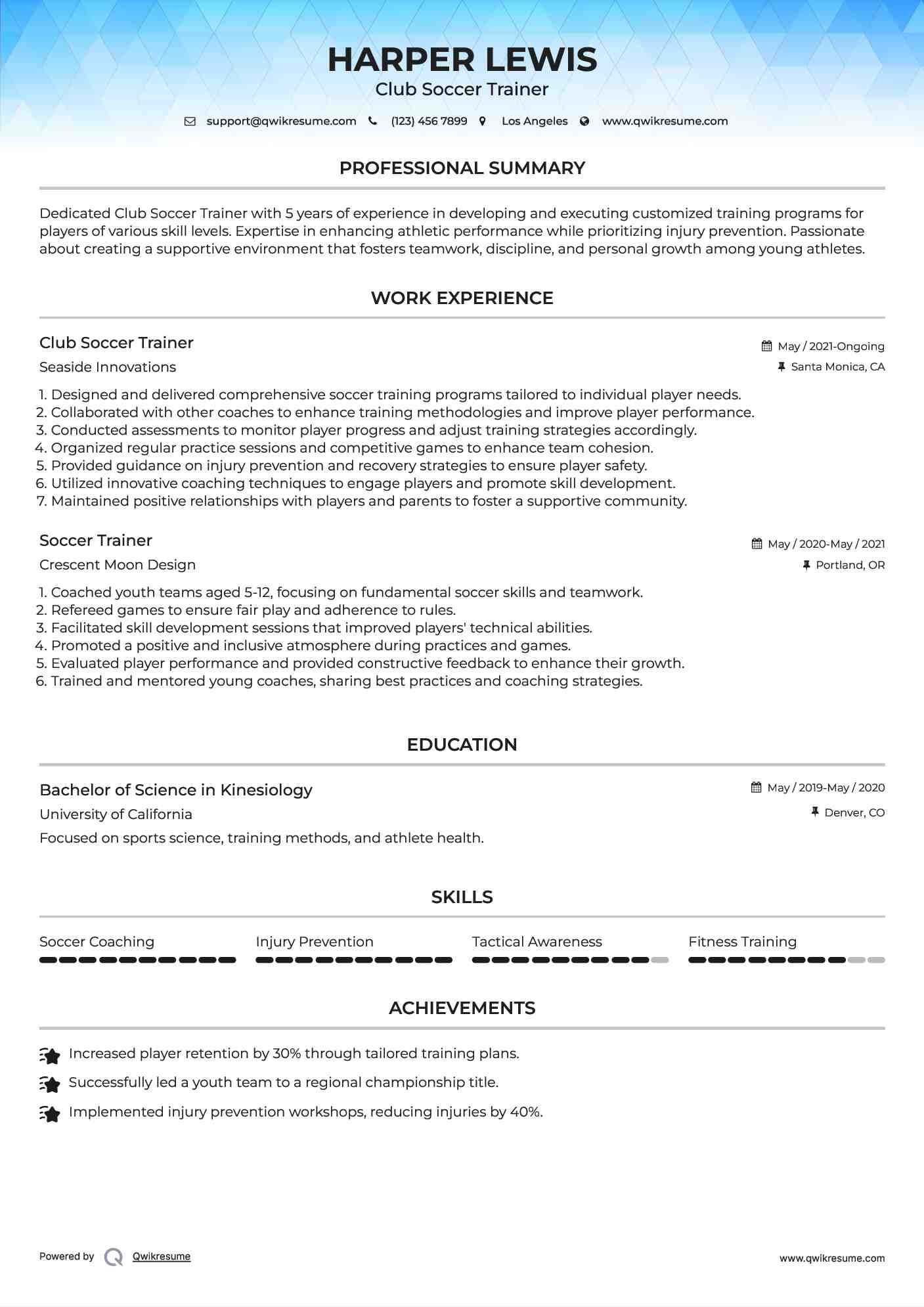 Club Soccer Trainer Resume Template