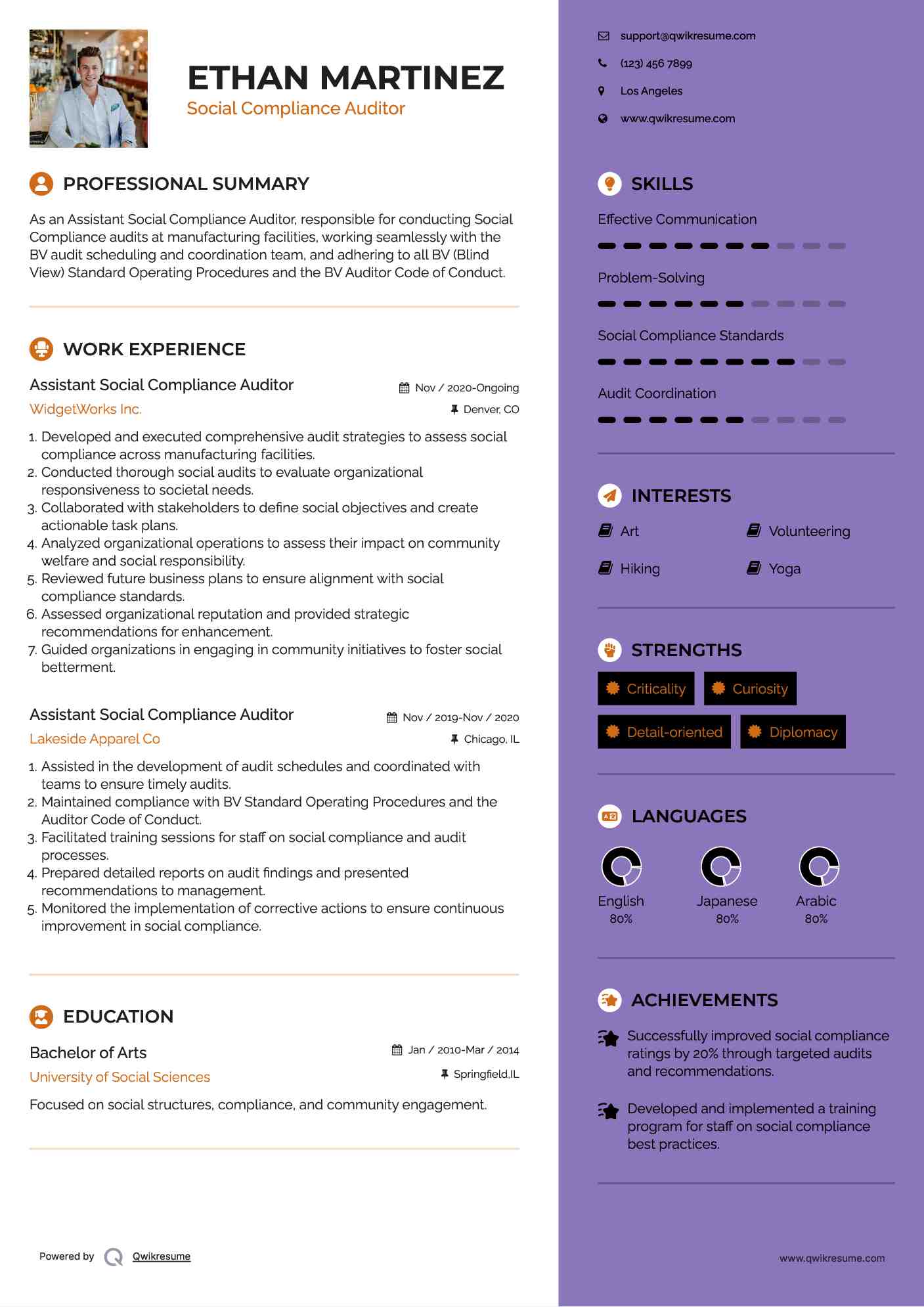 Assistant Social Compliance Auditor Resume Format