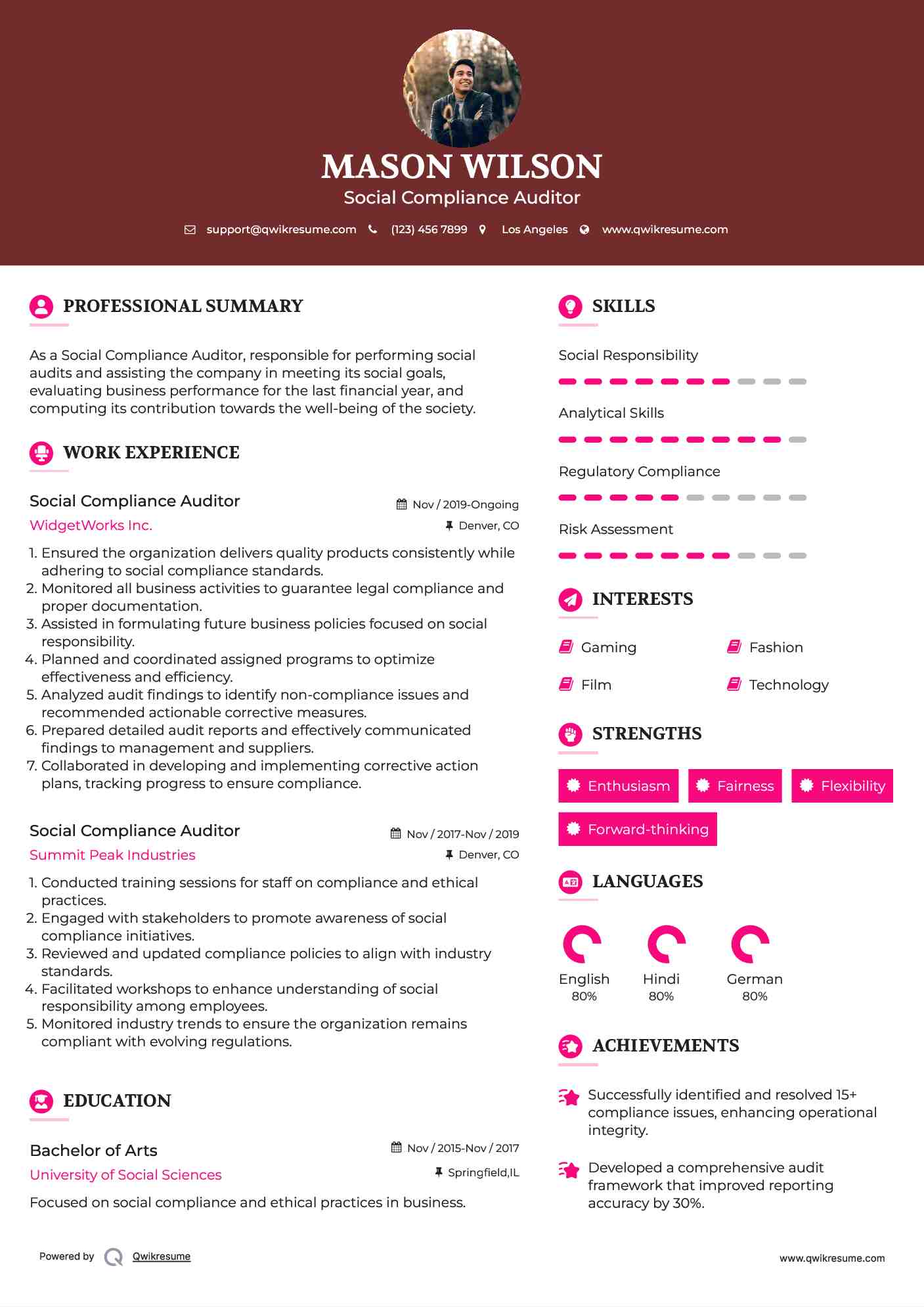 Social Compliance Auditor Resume Example