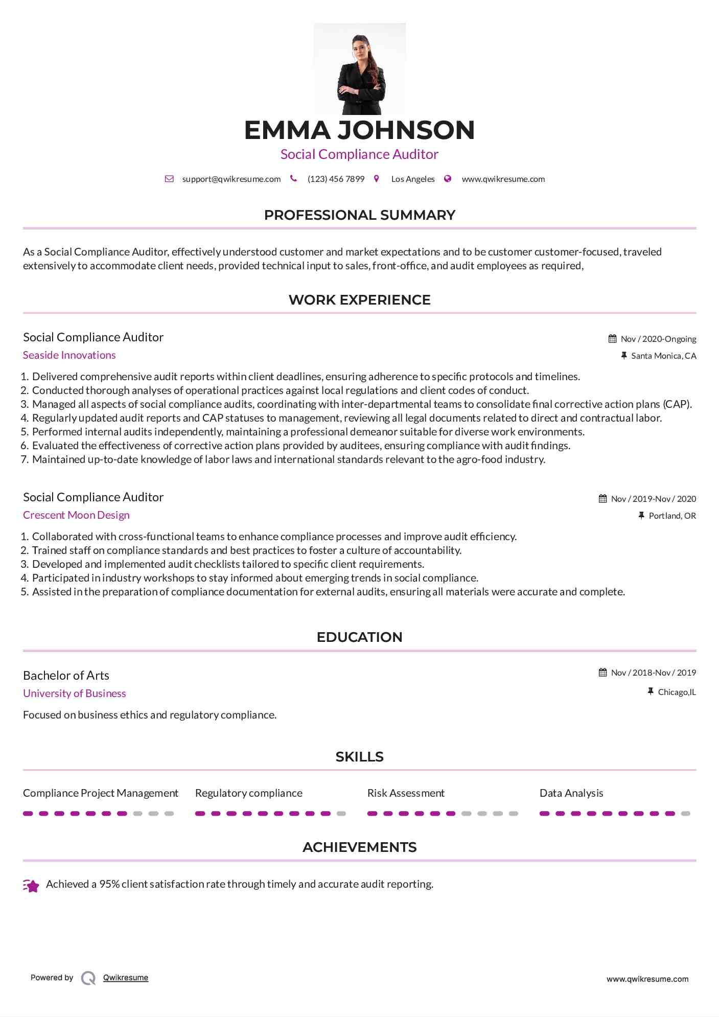 Social Compliance Auditor Resume Example