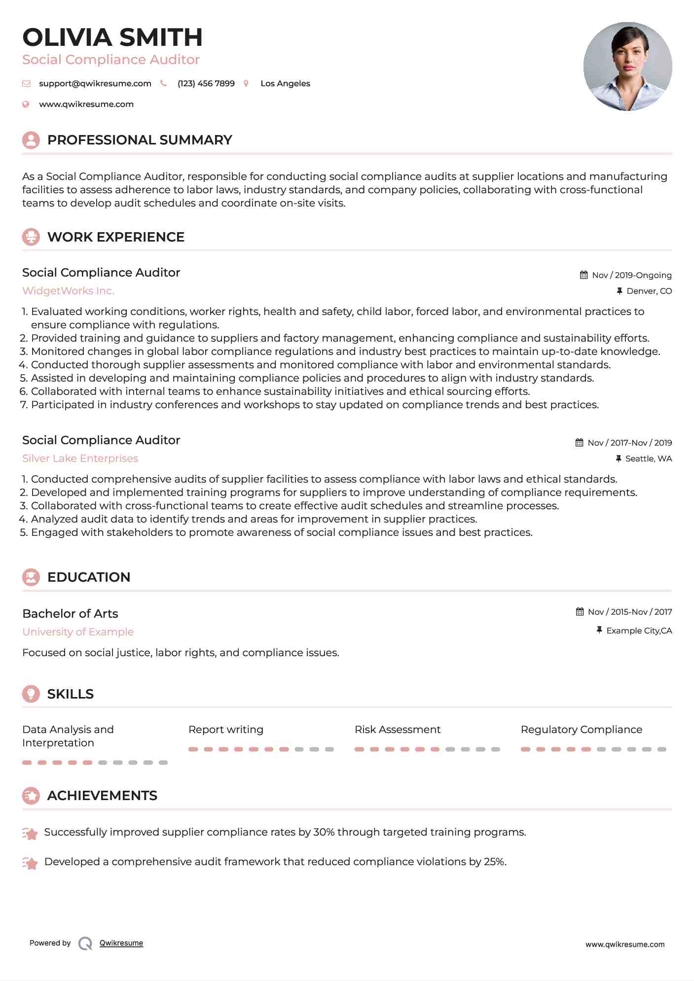 Social Compliance Auditor Resume Format