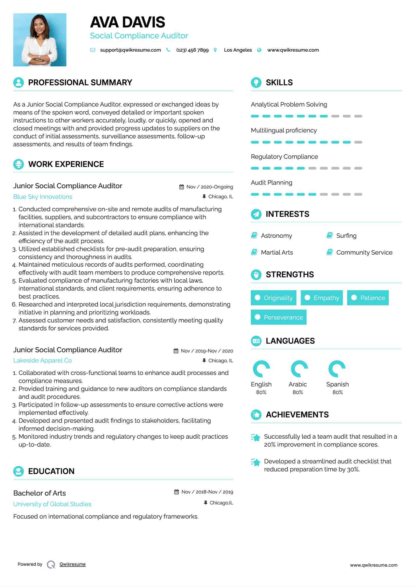 Junior Social Compliance Auditor Resume Template