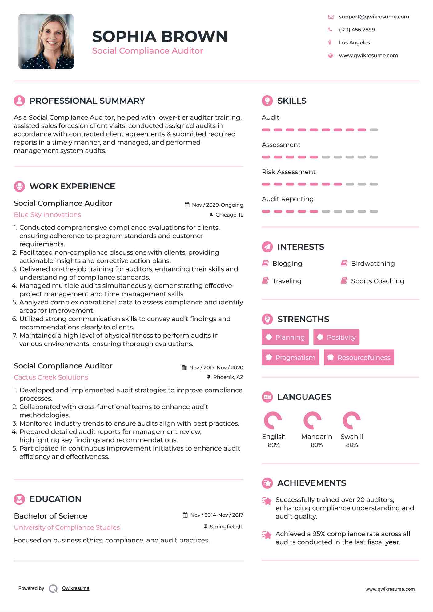 Social Compliance Auditor Resume Example