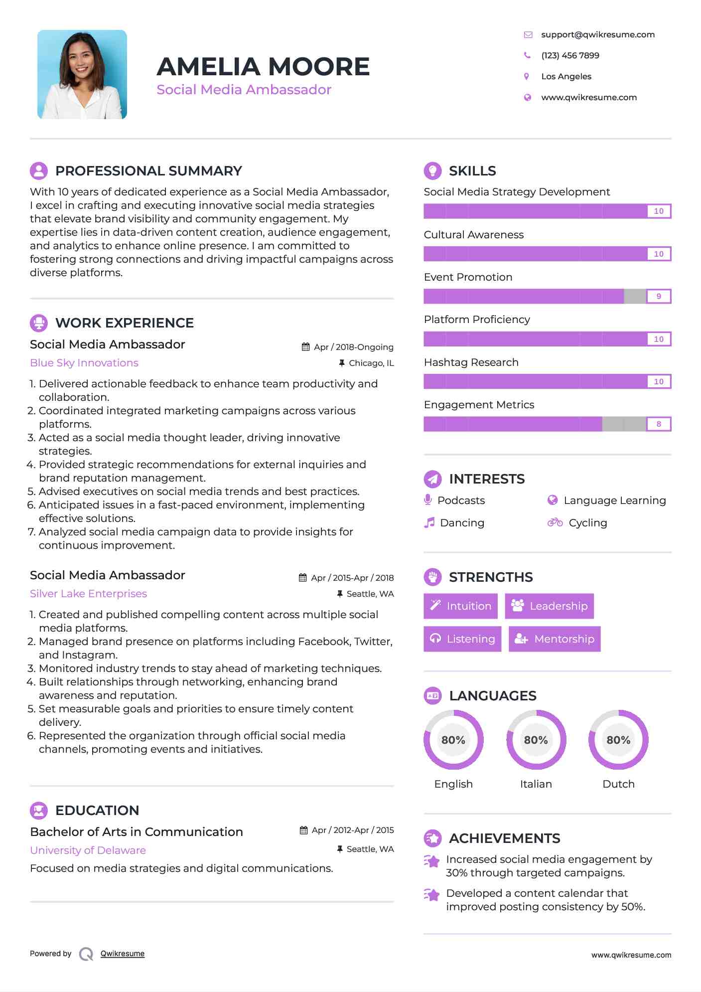 Social Media Ambassador Resume Sample