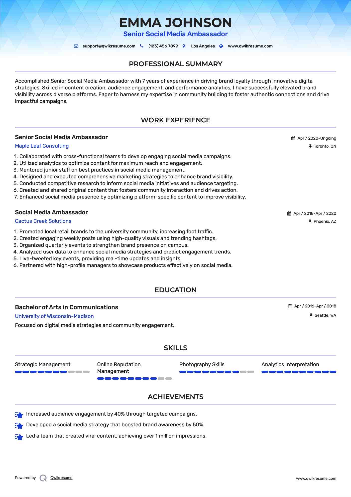 Senior Social Media Ambassador Resume Format