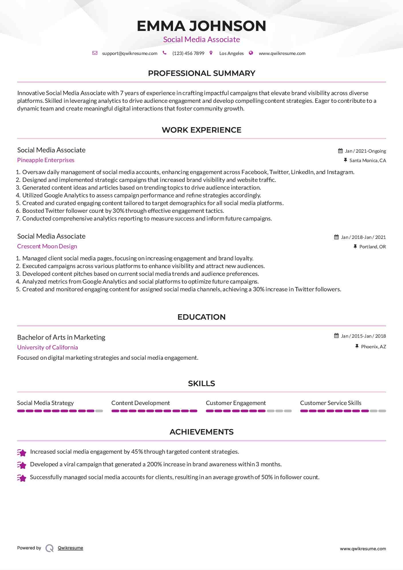 Social Media Associate Resume Example