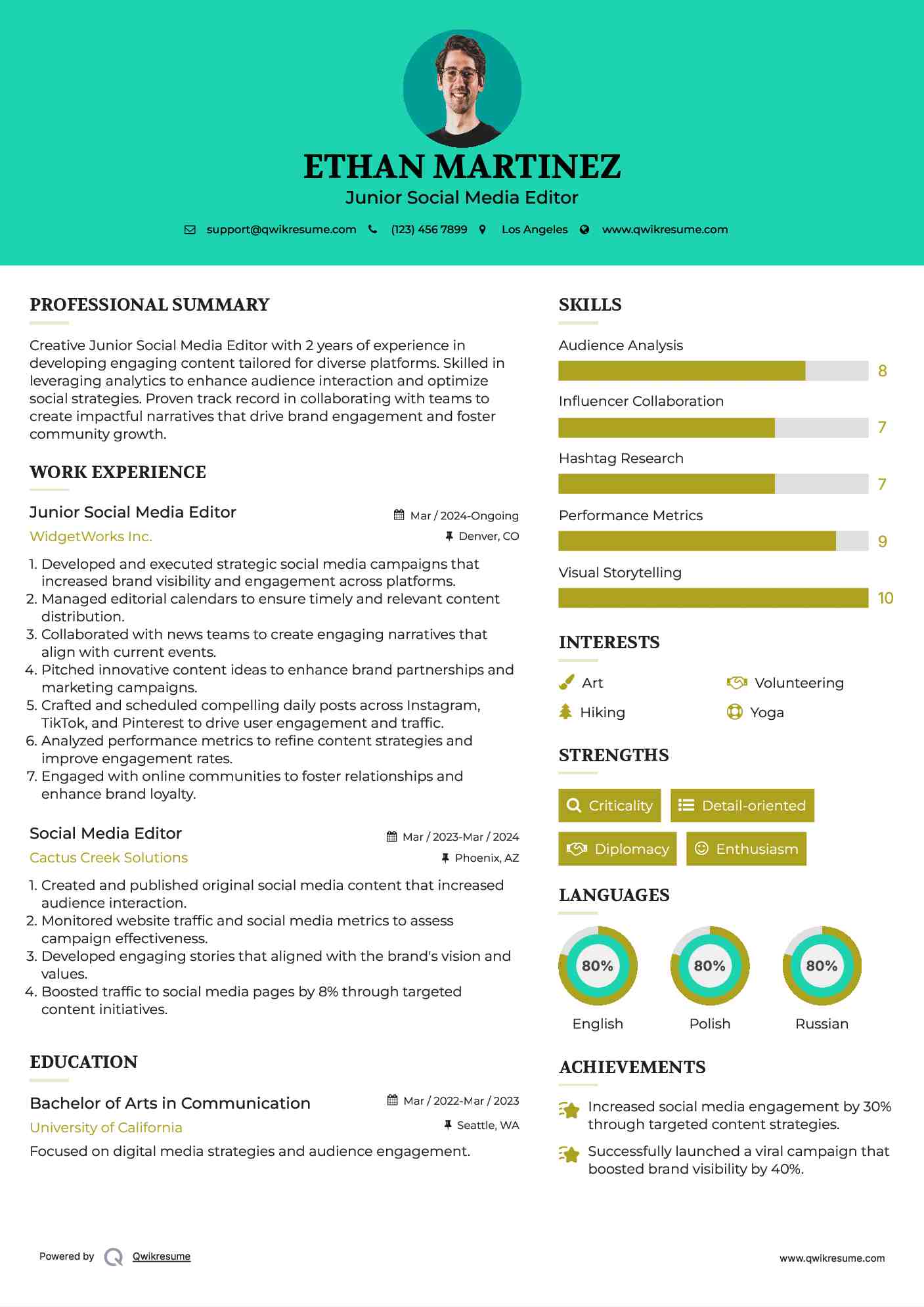 Junior Social Media Editor Resume Template