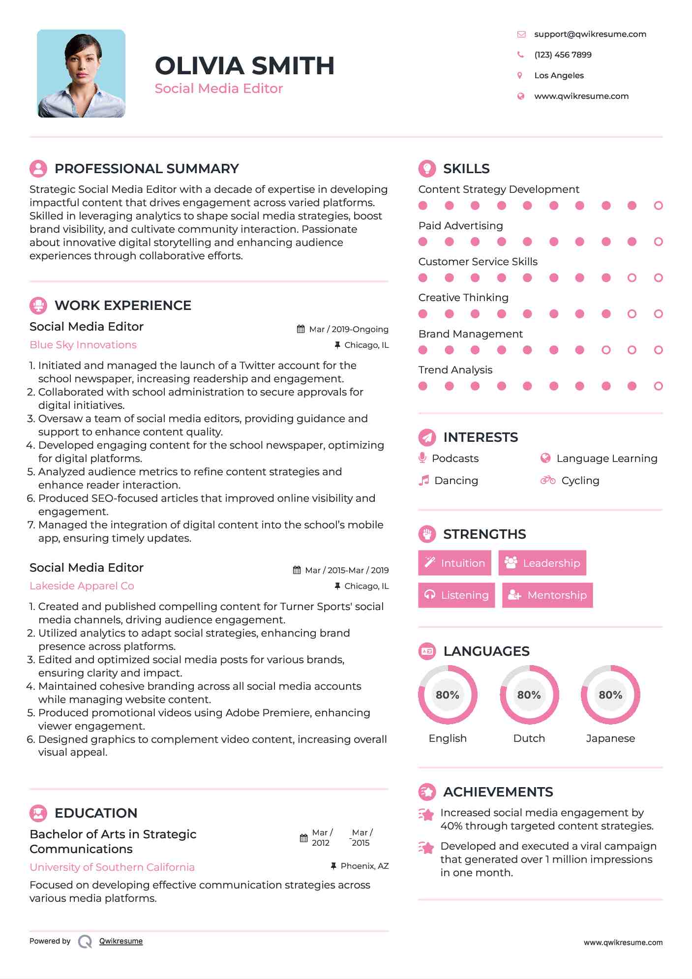 Social Media Editor Resume Samples QwikResume