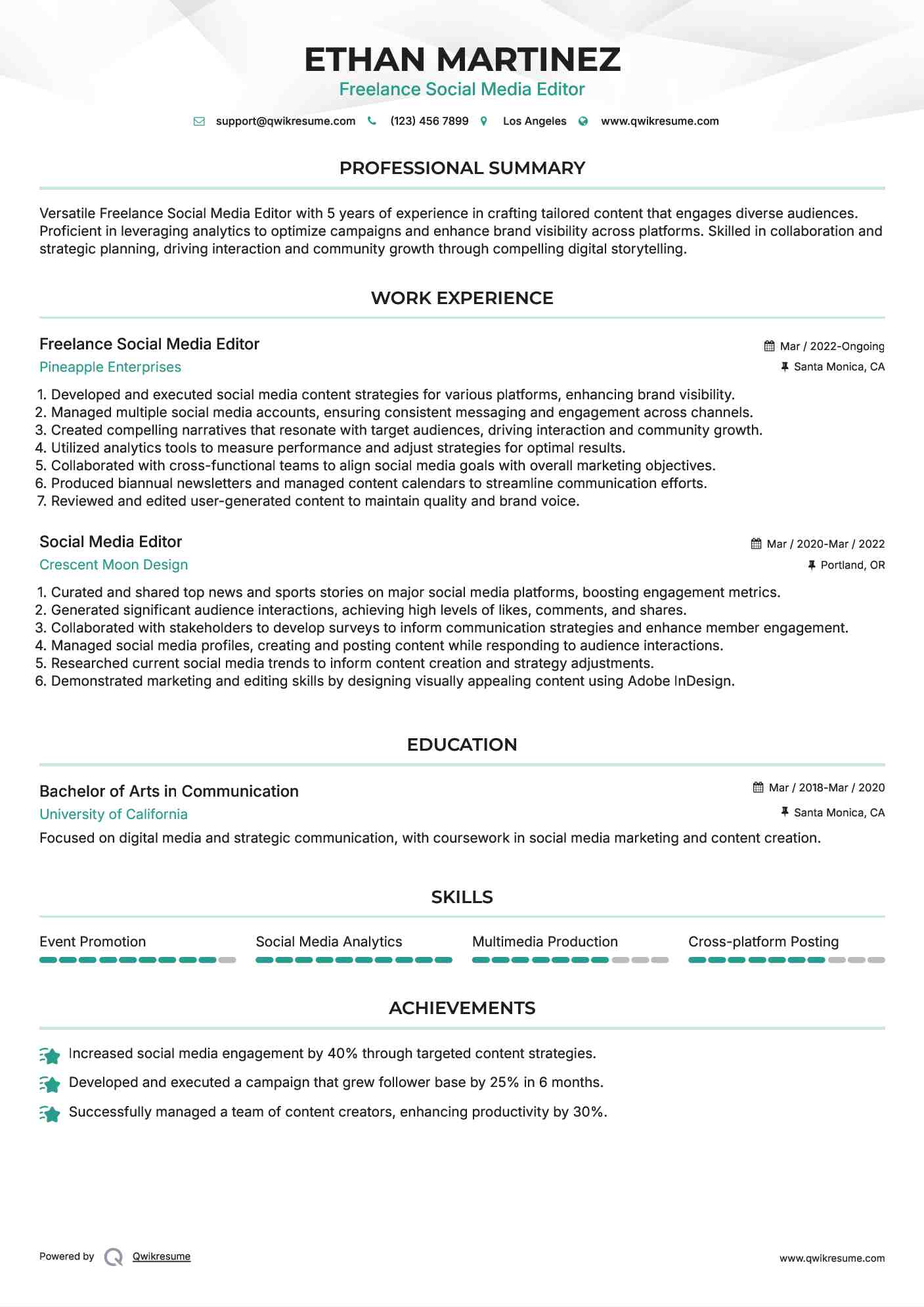Freelance Social Media Editor Resume Template