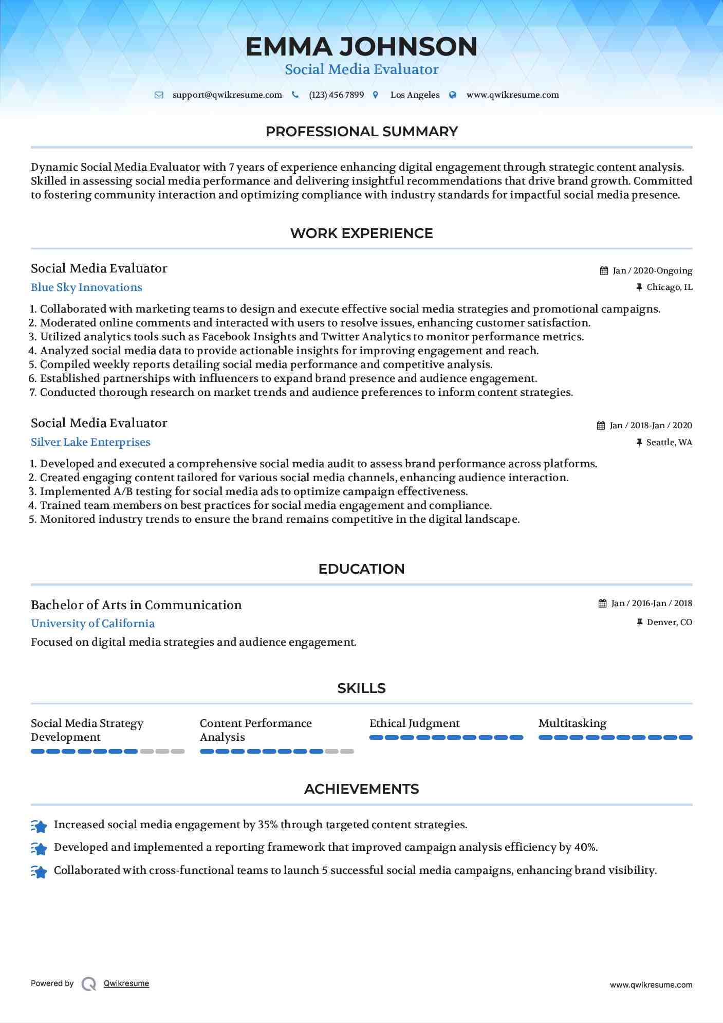 Social Media Evaluator Resume Example
