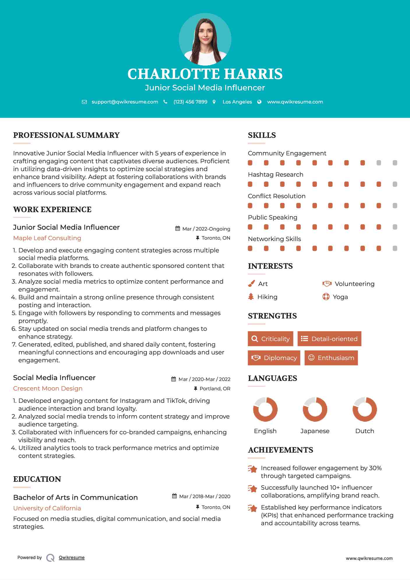 Junior Social Media Influencer Resume Model