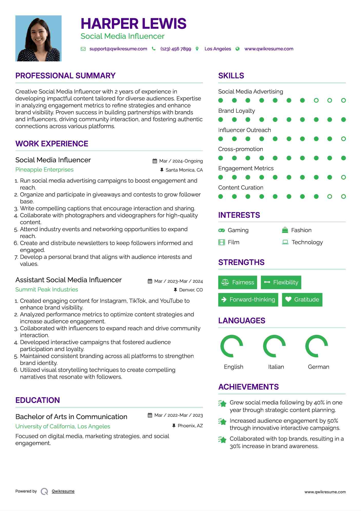 Social Media Influencer Resume Model