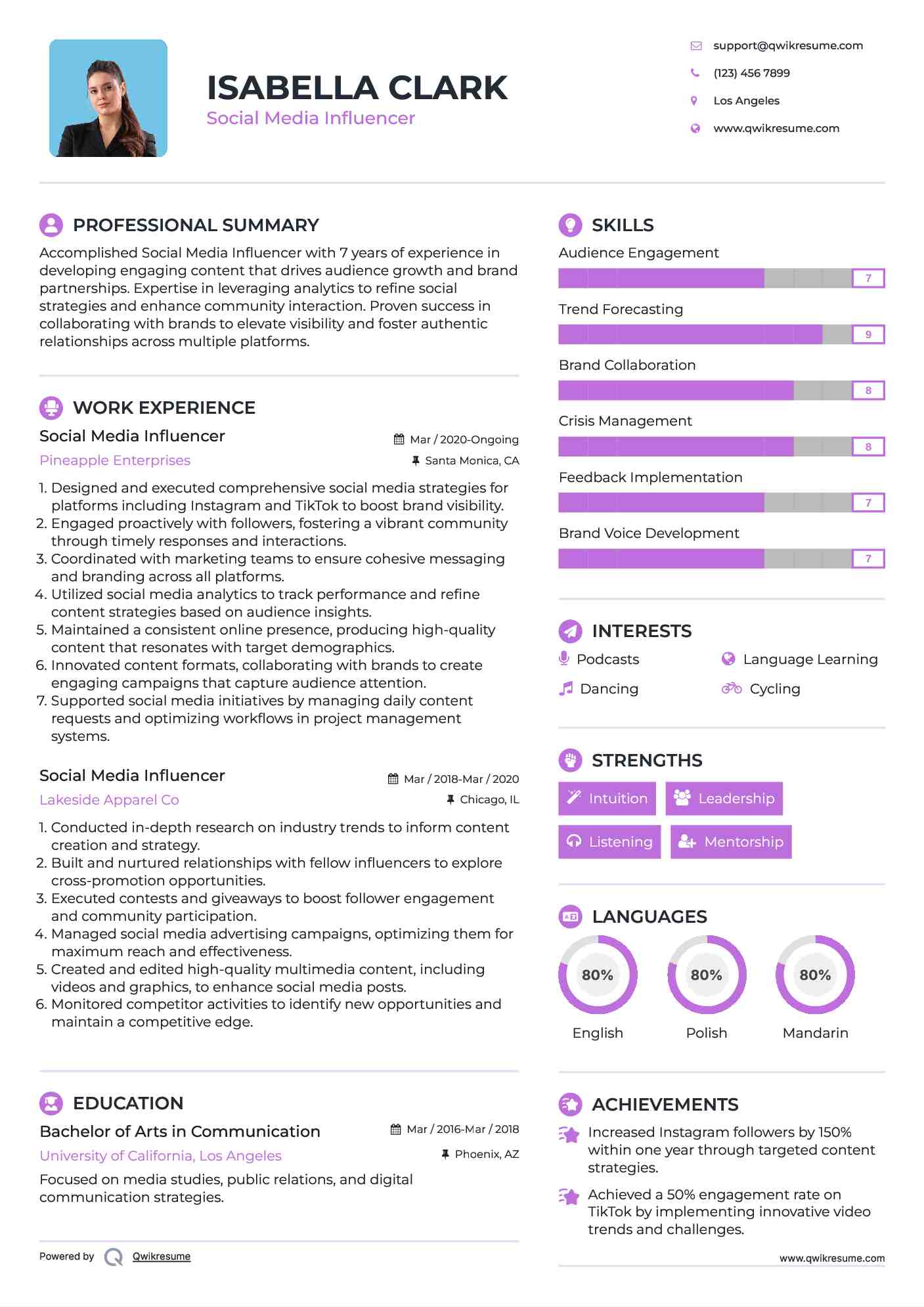 Social Media Influencer Resume Model