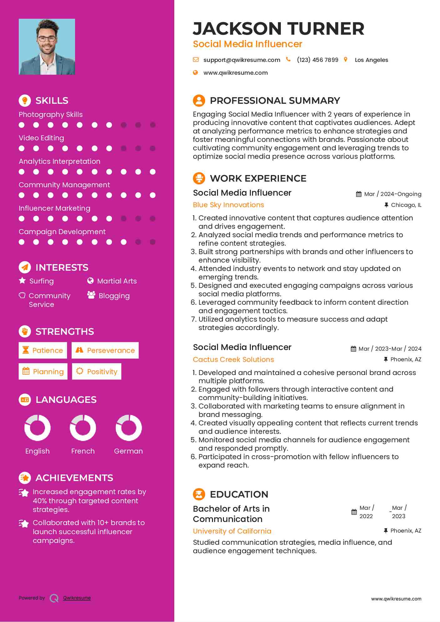 Social Media Influencer Resume Sample