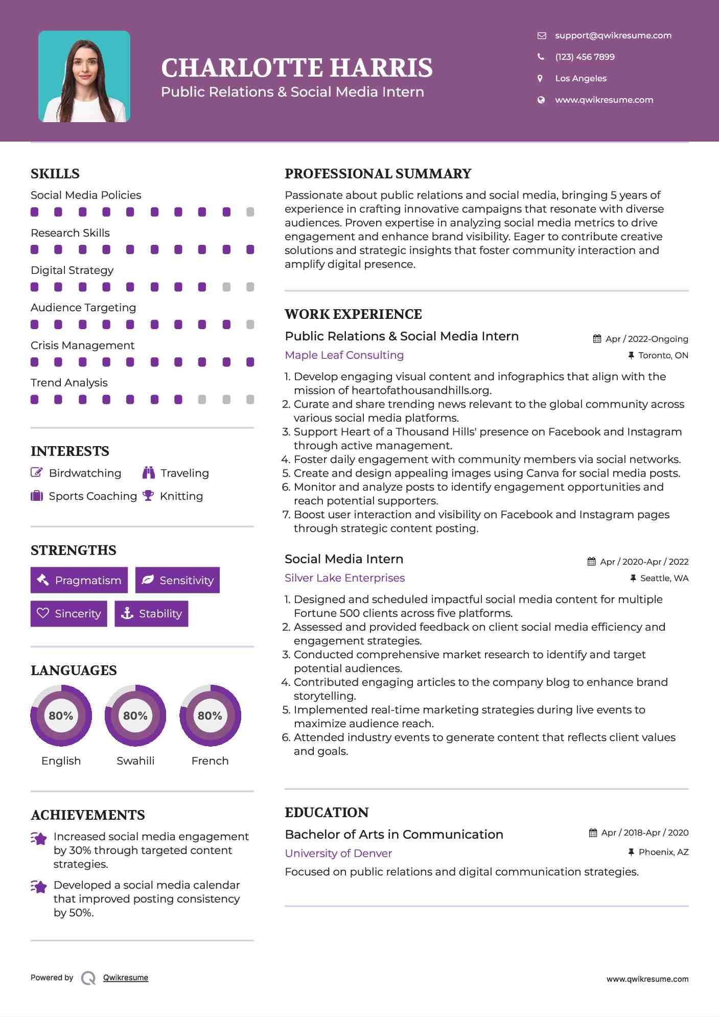 Public Relations & Social Media Intern
 Resume Template
