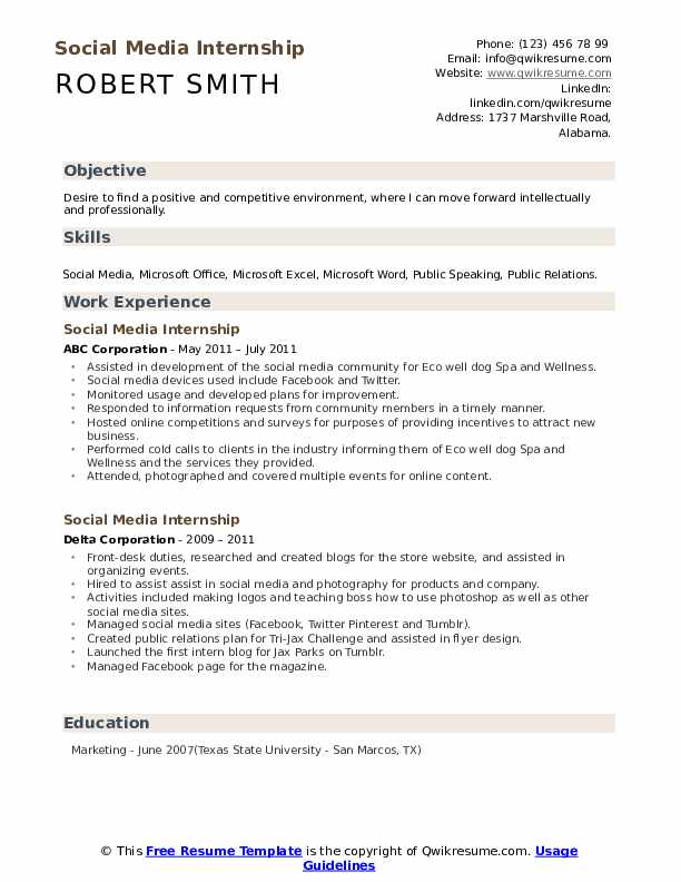 Social Media Internship Resume Samples QwikResume