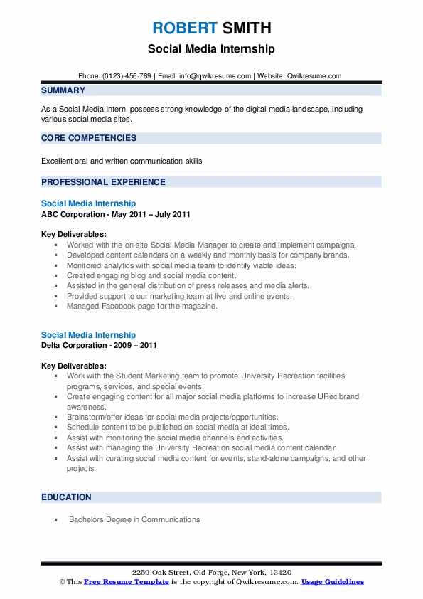 Social Media Internship Resume Samples QwikResume