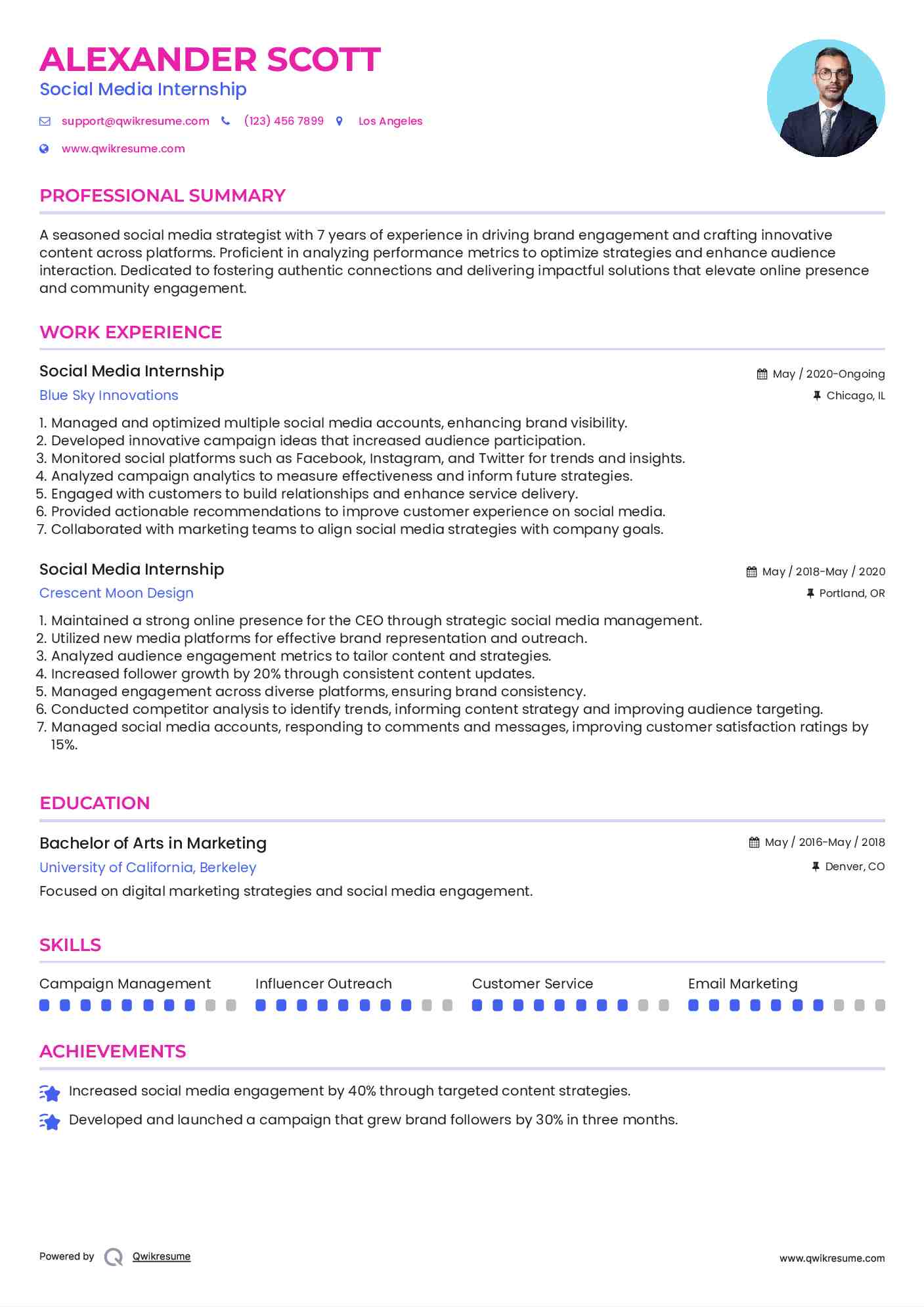 Social Media Internship Resume Sample