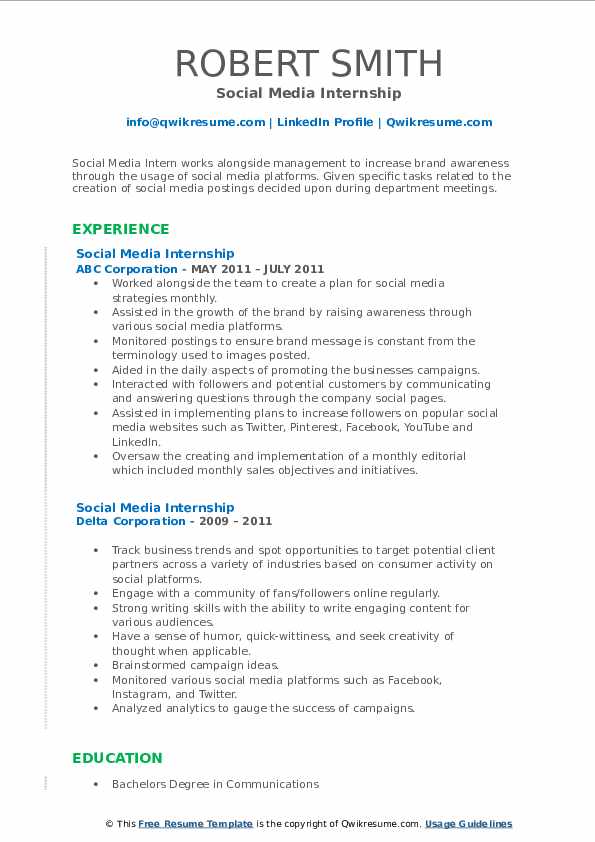 Social Media Internship Resume Samples QwikResume