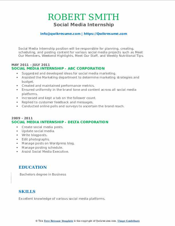 Social Media Internship Resume Samples QwikResume