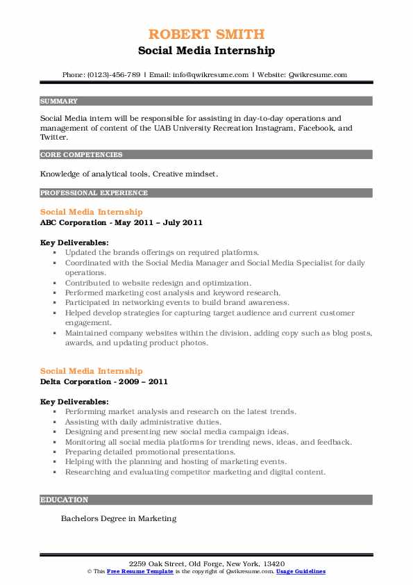 Social Media Internship Resume Samples QwikResume