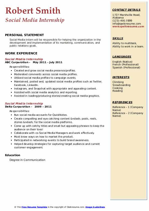 Social Media Internship Resume Samples QwikResume
