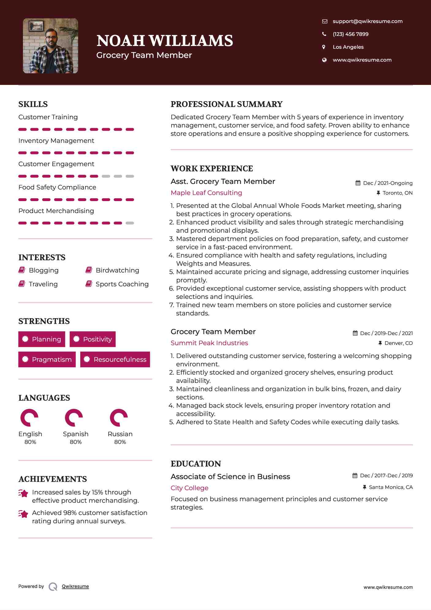 Asst. Grocery Team Member Resume Format