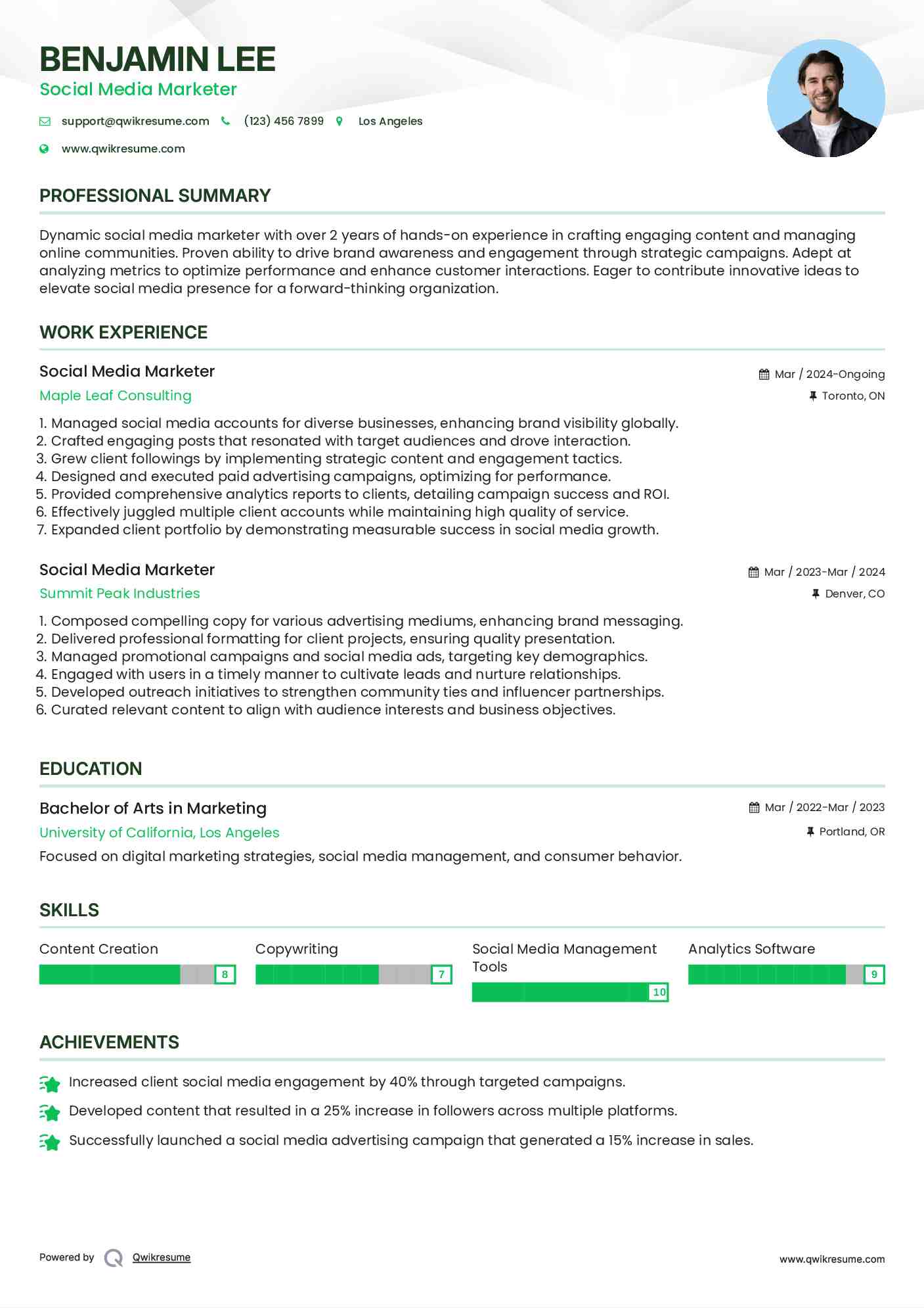 Social Media Marketer Resume Sample