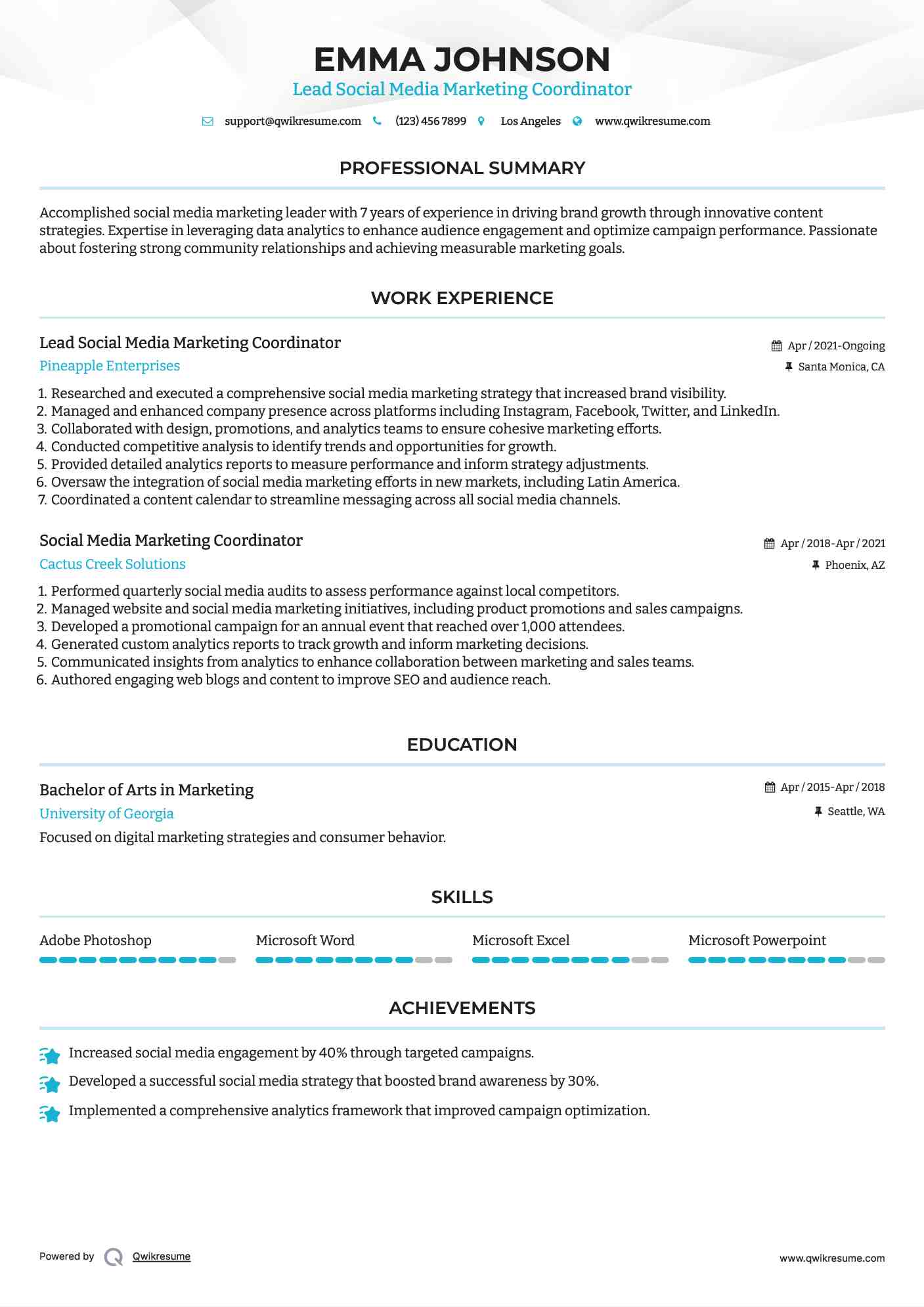 Lead Social Media Marketing Coordinator Resume Sample