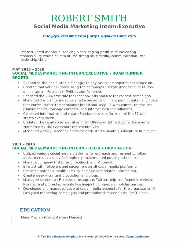 Social Media Marketing Intern Resume Samples QwikResume