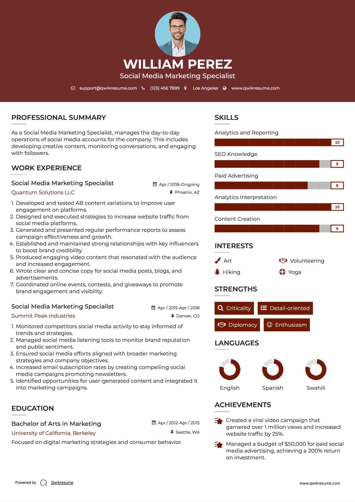 Social Media Marketing Specialist Resume Sample