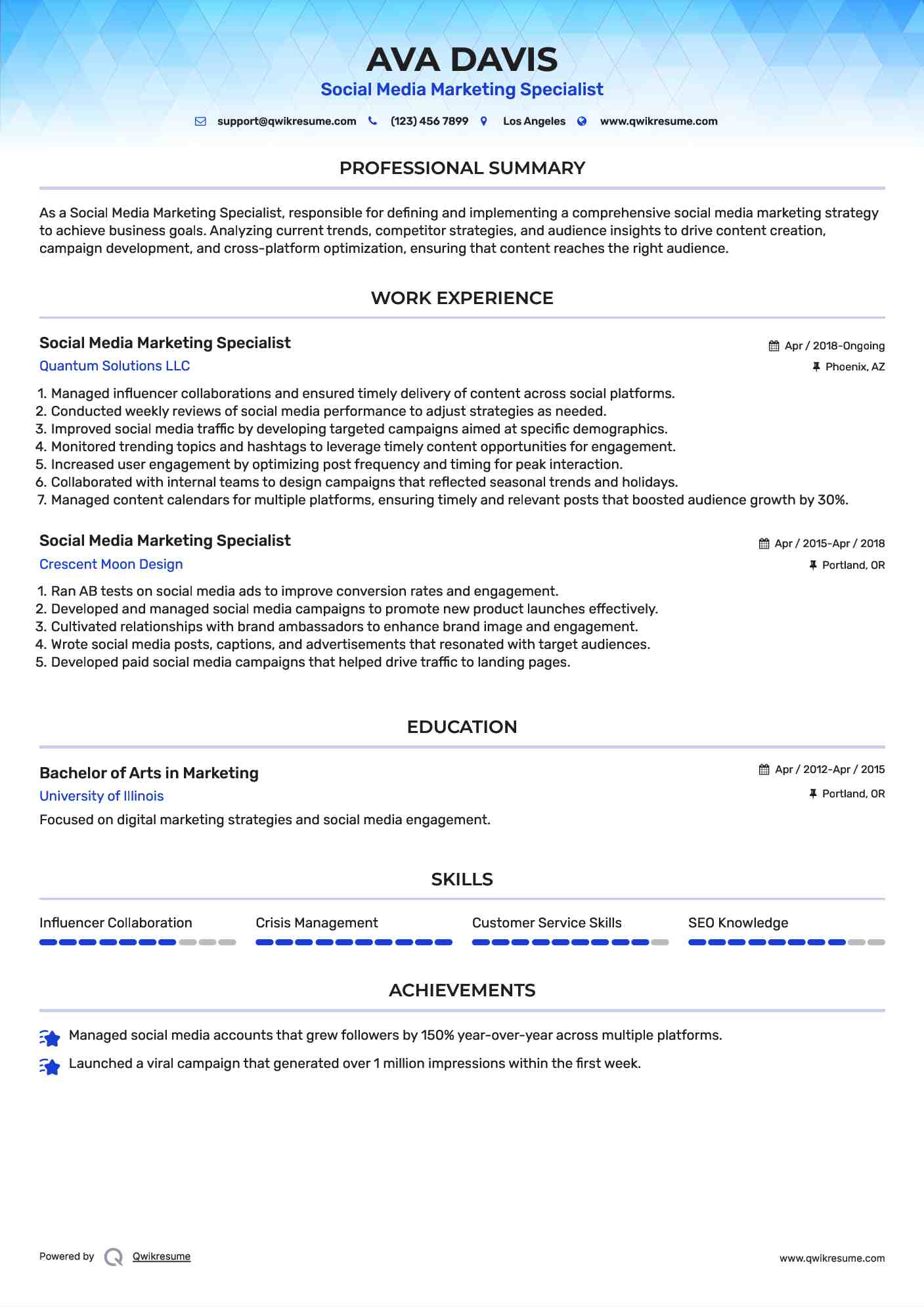 Social Media Marketing Specialist Resume Sample
