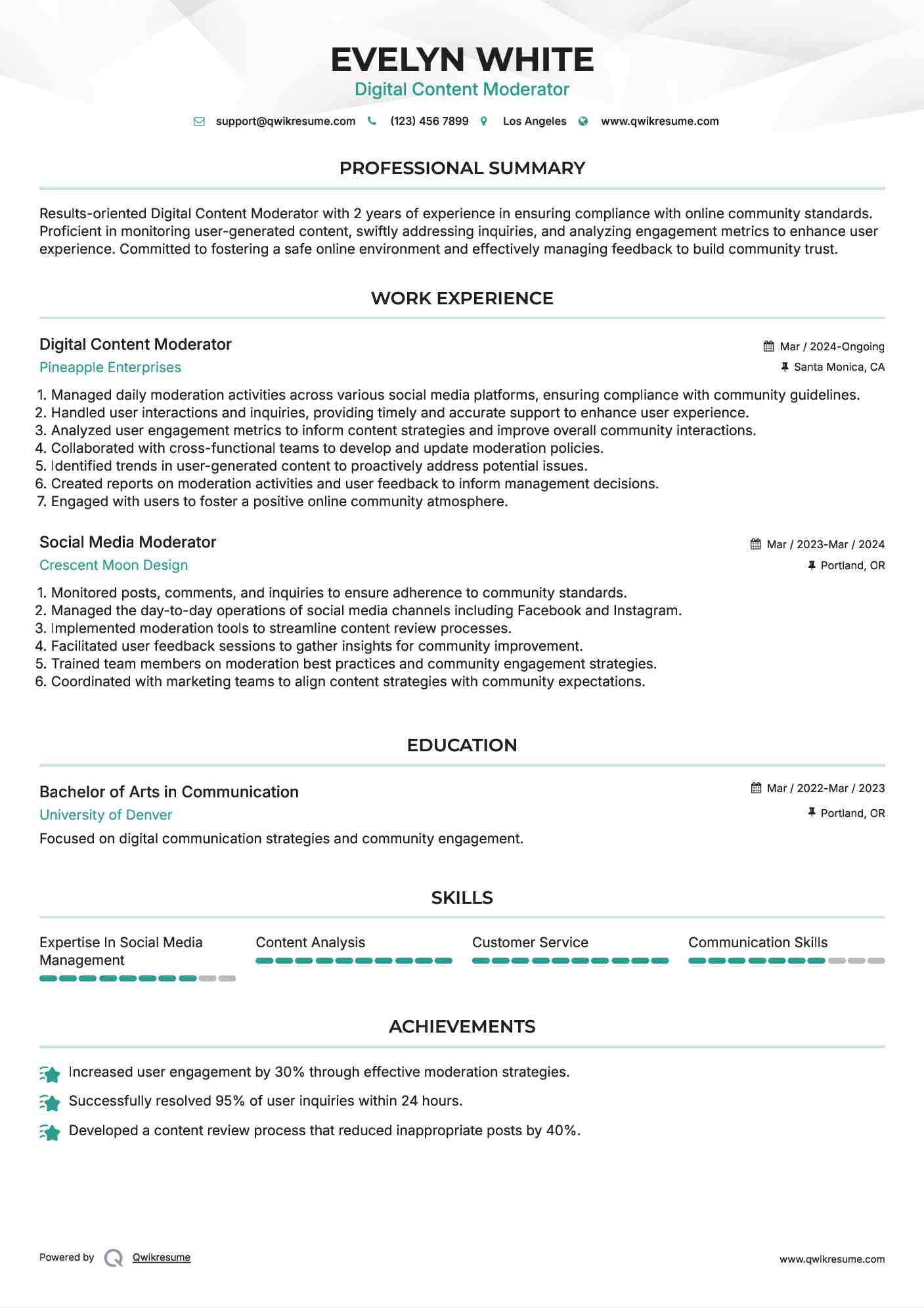 Digital Content Moderator Resume Model