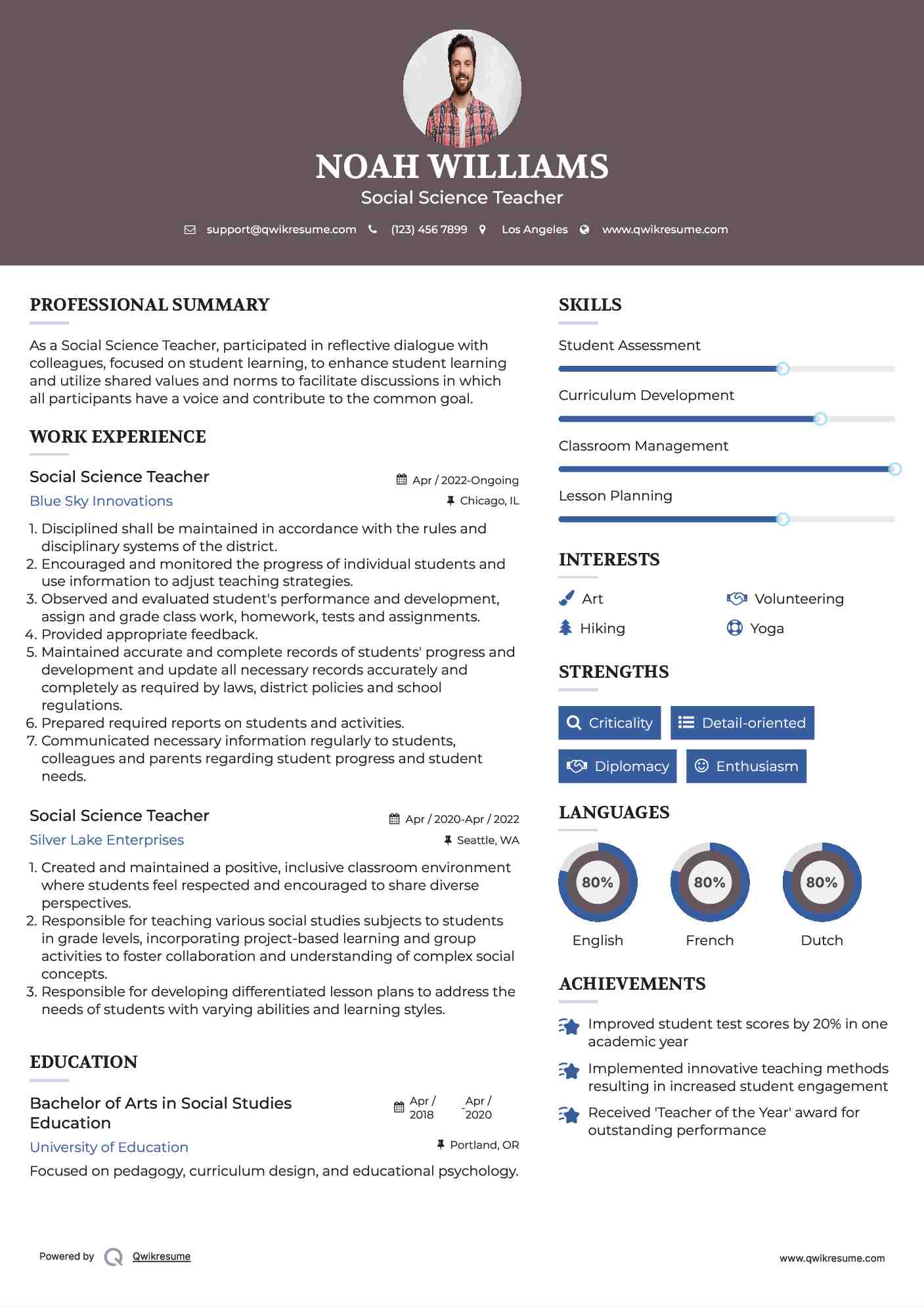 Social Science Teacher Resume Sample