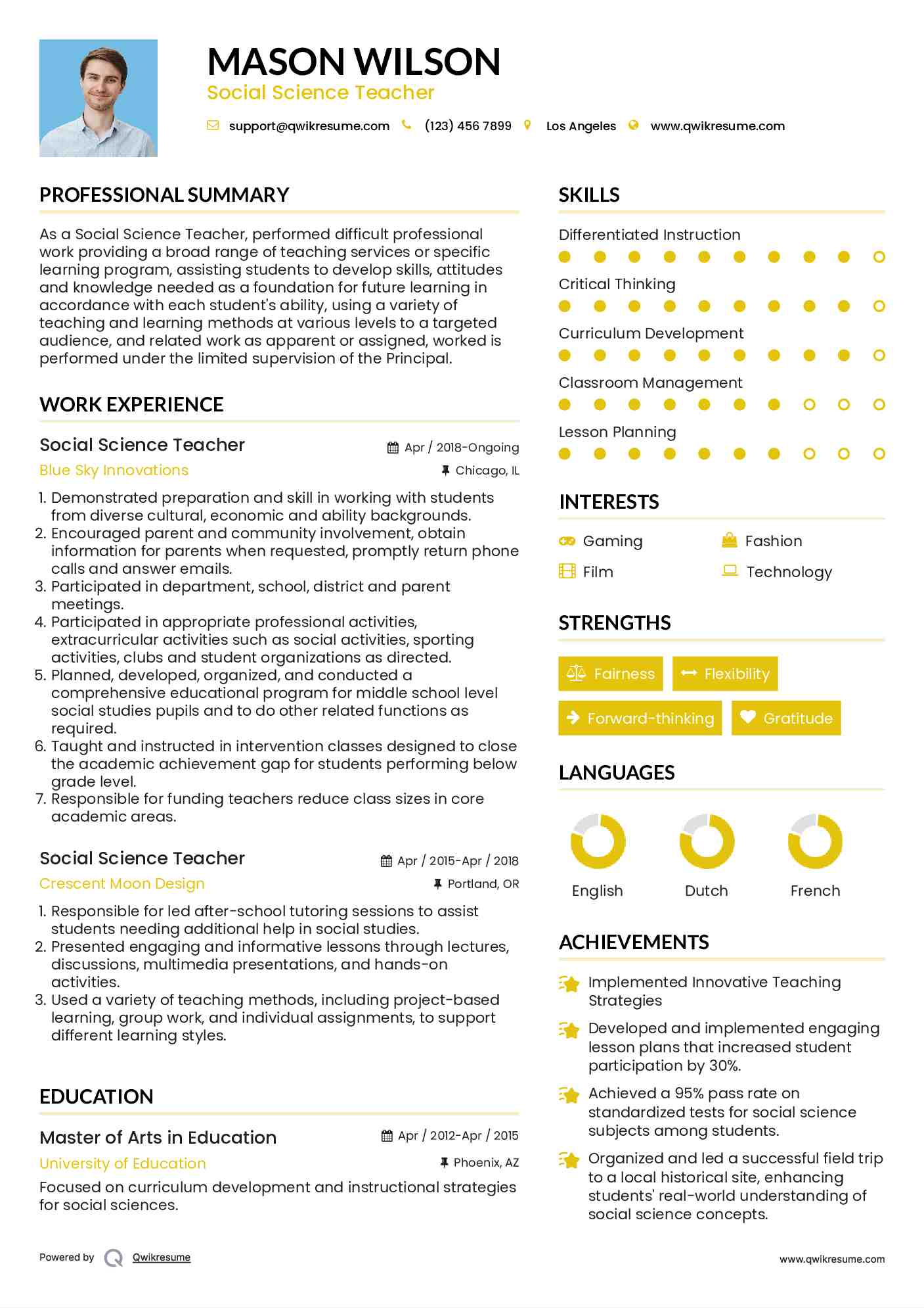 Social Science Teacher Resume Model