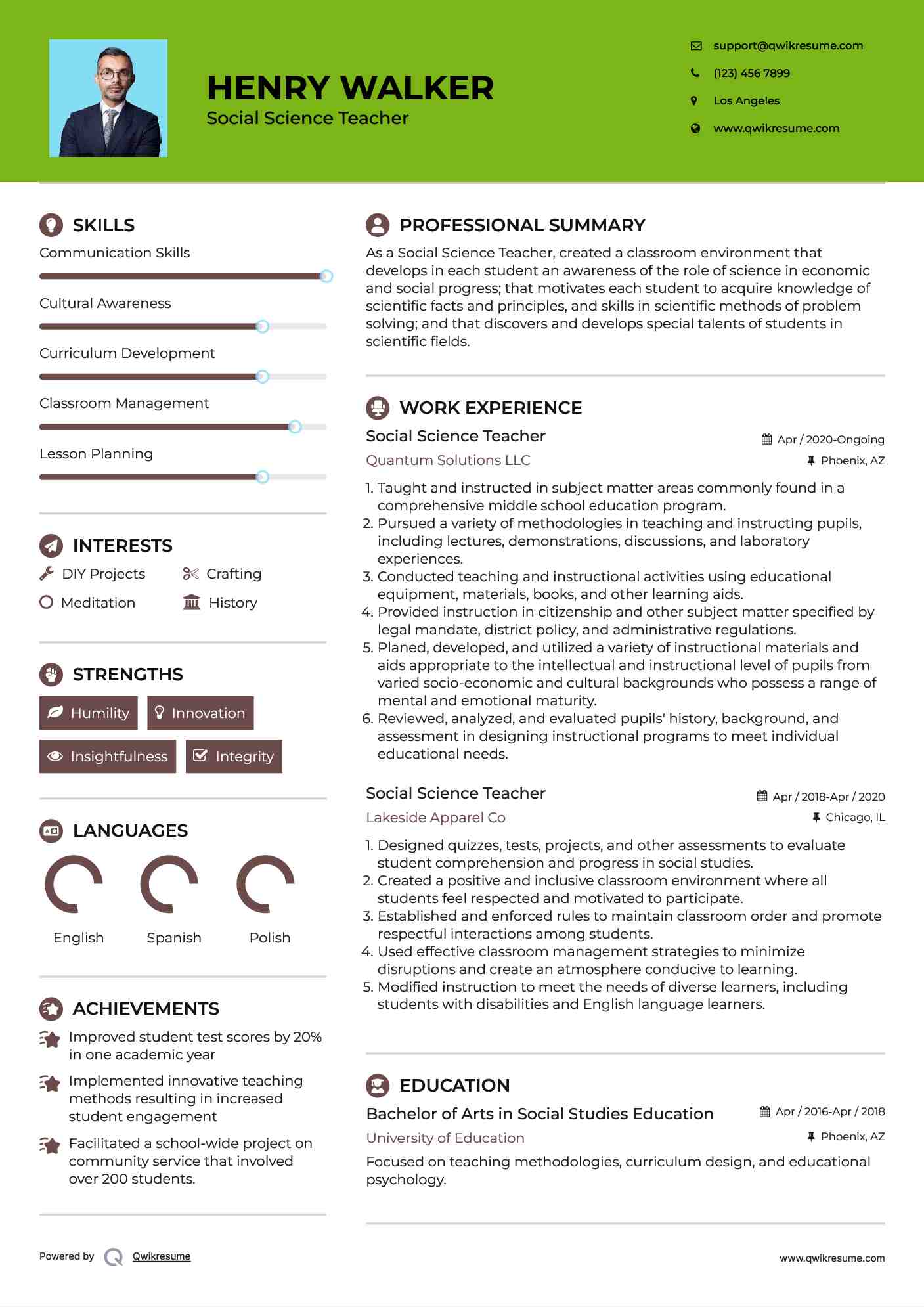 Social Science Teacher Resume Template