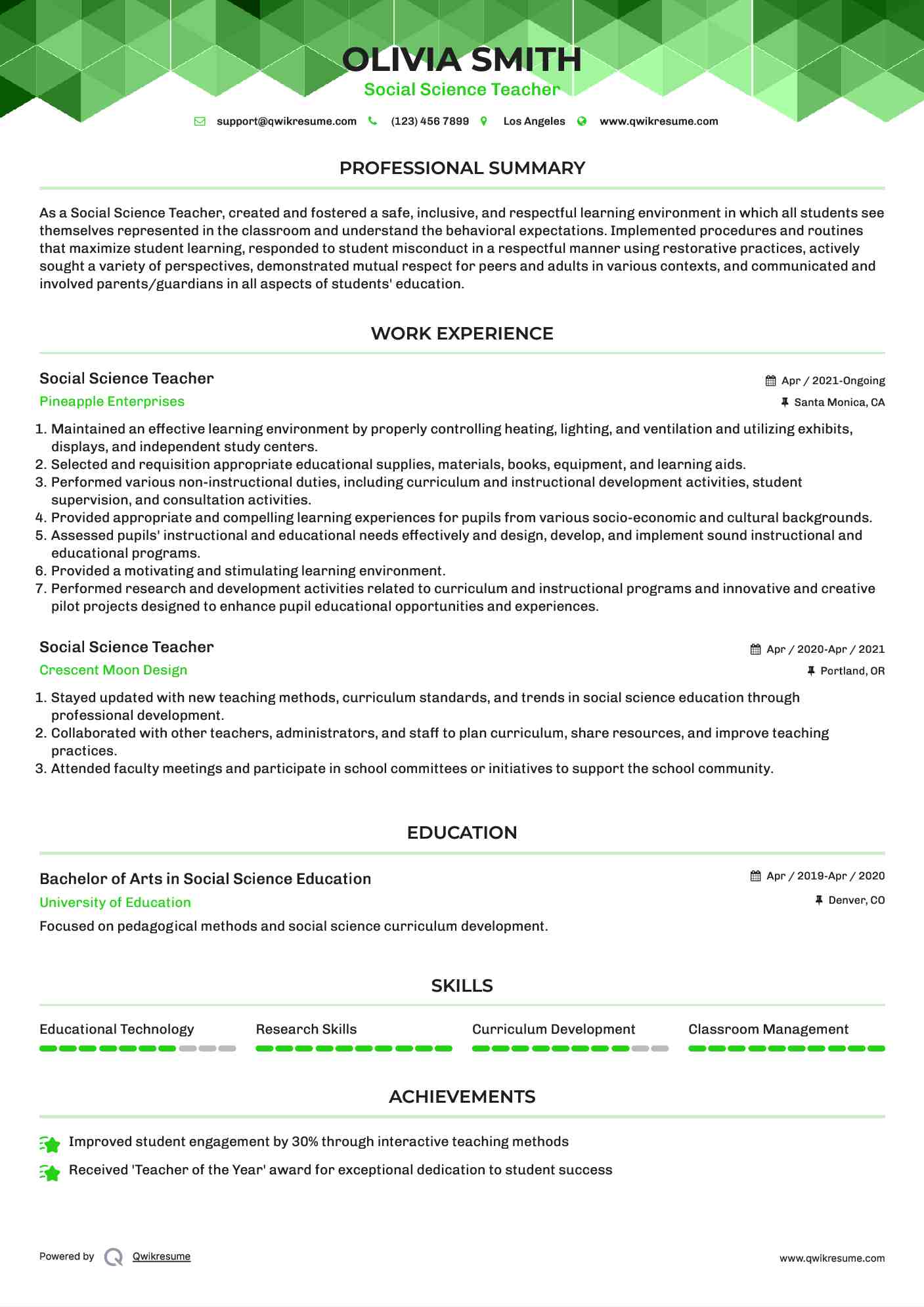 Social Science Teacher Resume Example