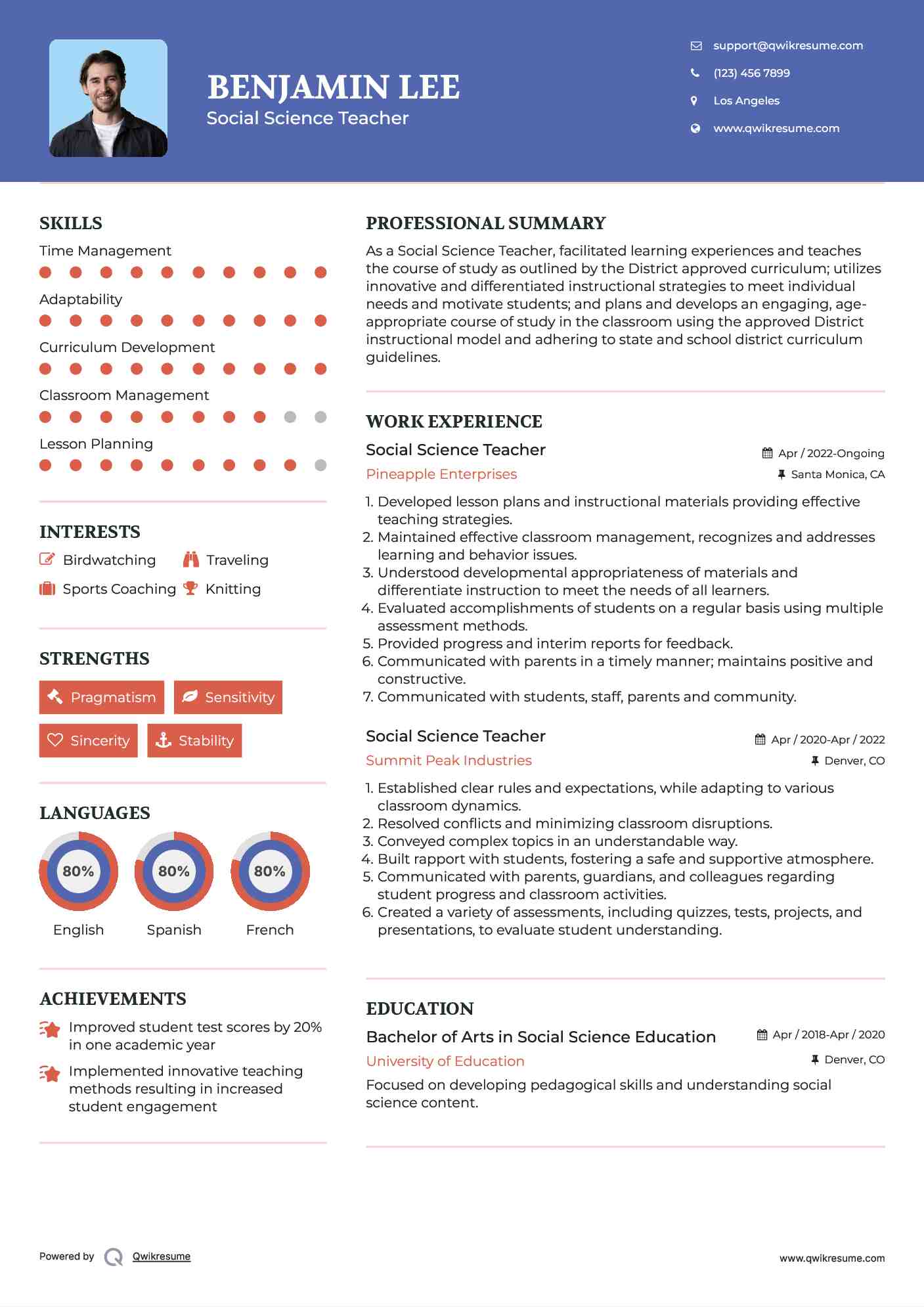 Social Science Teacher Resume Sample