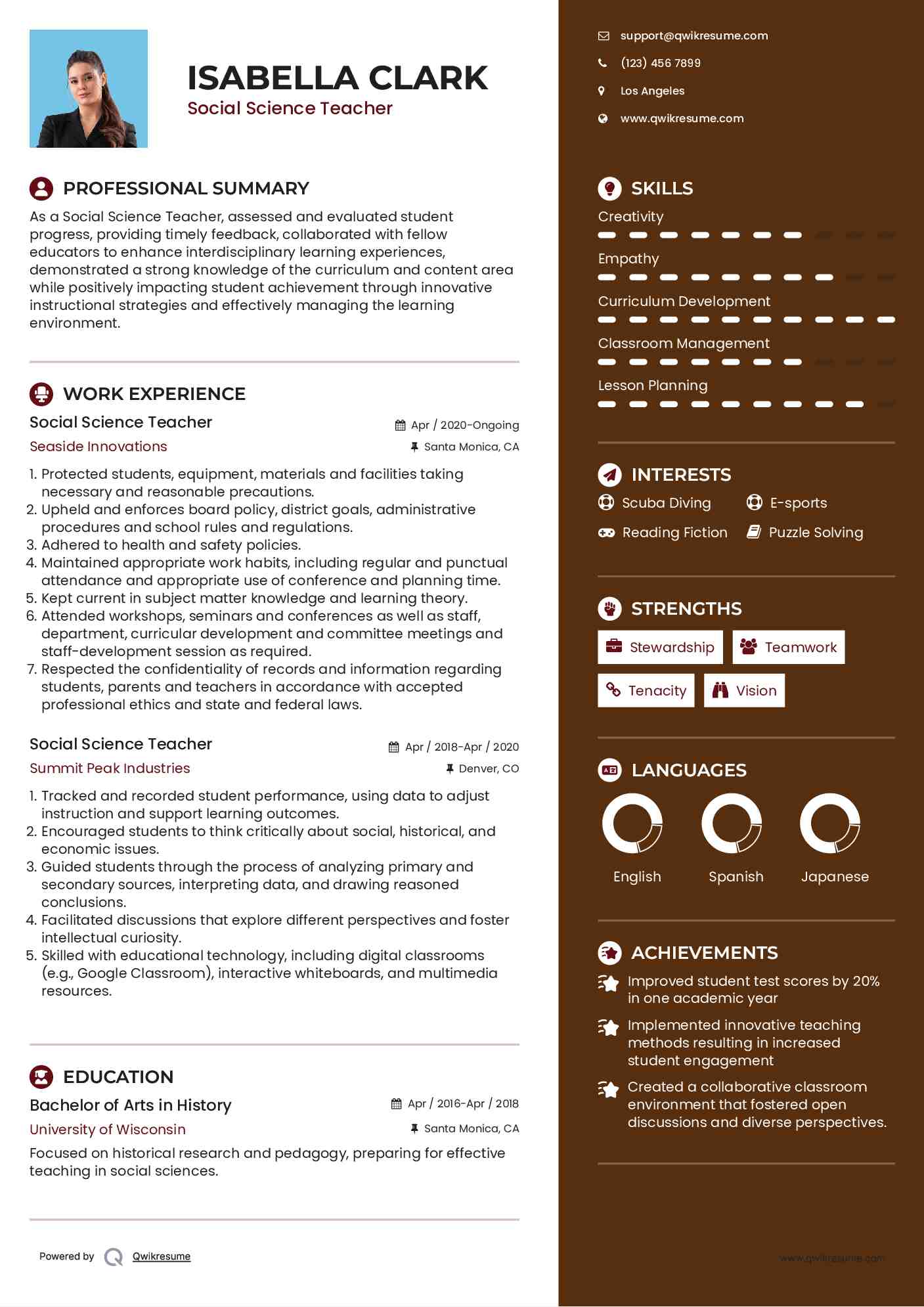 Social Science Teacher Resume Sample