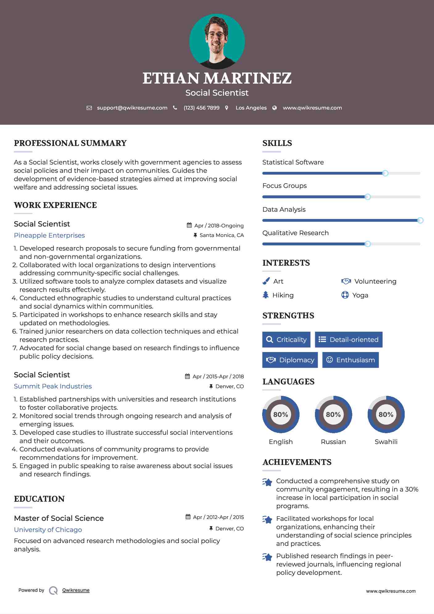Social Scientist Resume Model