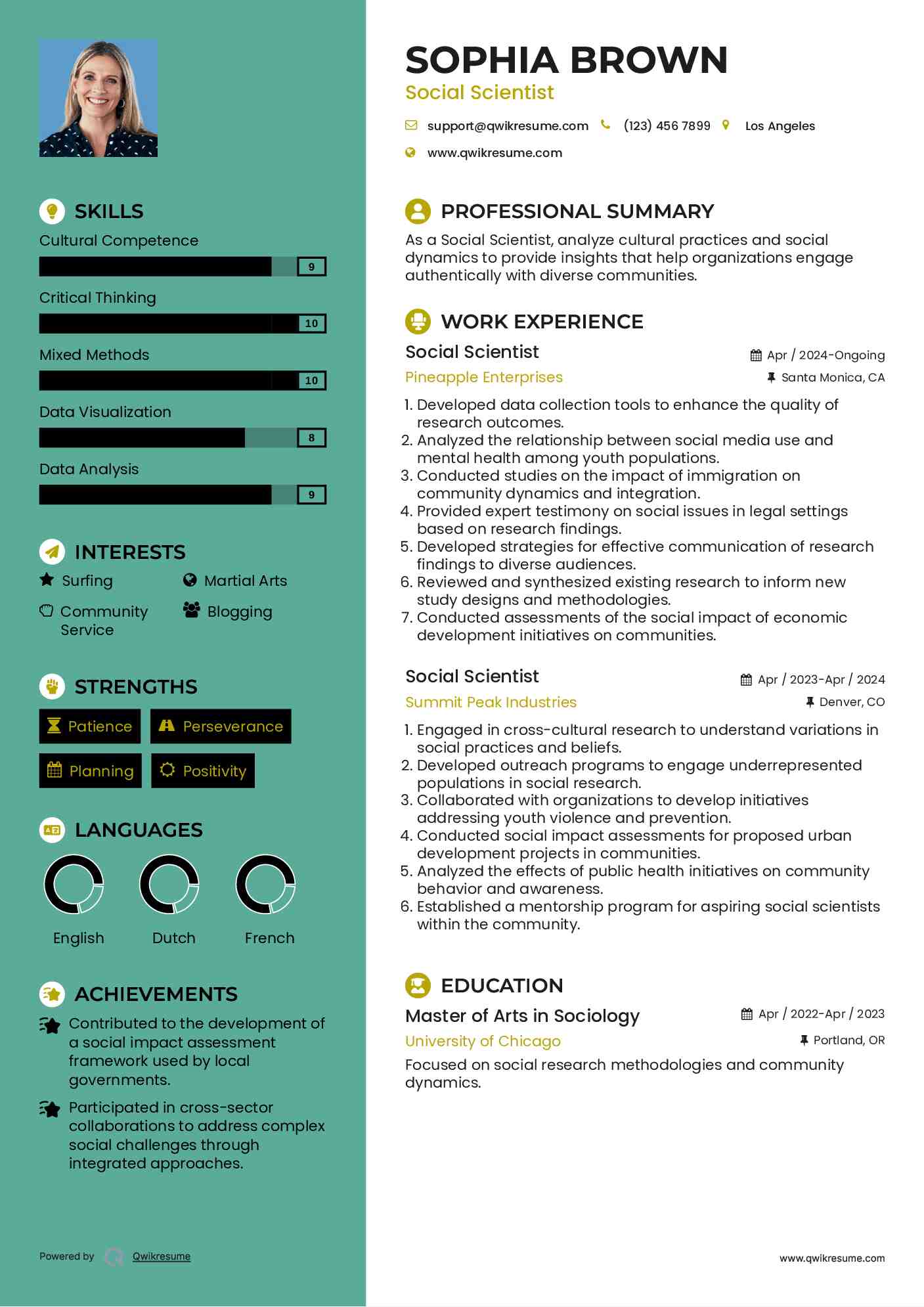 Social Scientist Resume Sample