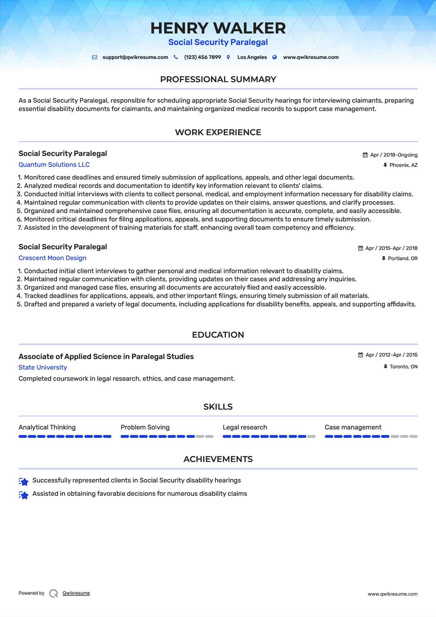 Social Security Paralegal Resume Sample