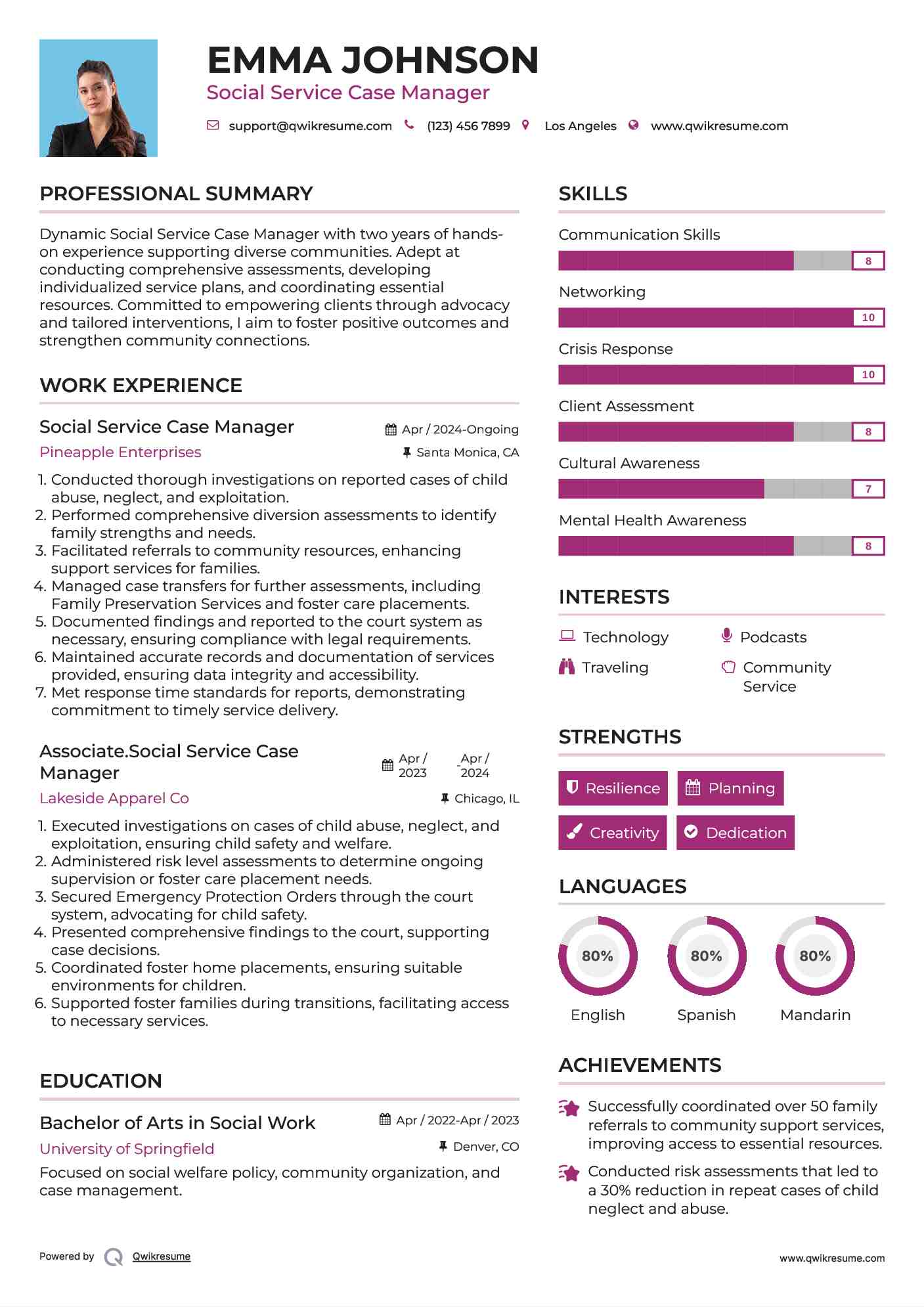 Social Service Case Manager Resume Example