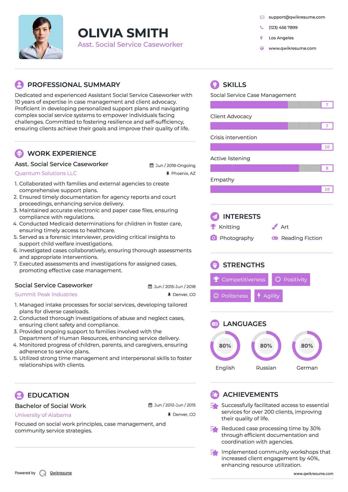 Asst. Social Service Caseworker Resume Sample