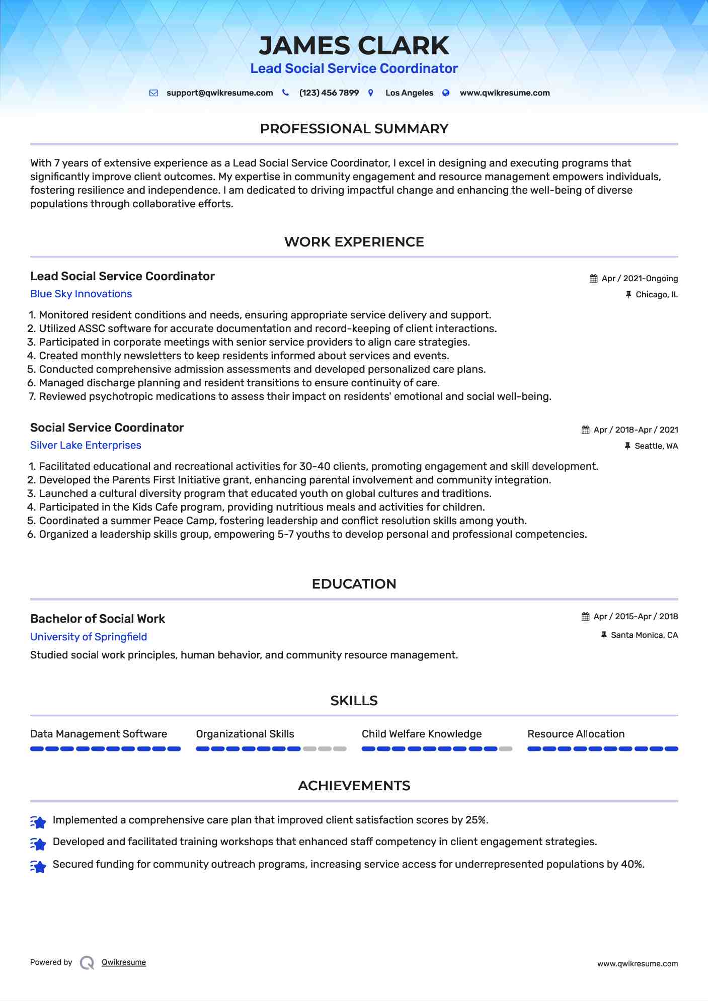 Lead Social Service Coordinator Resume Sample