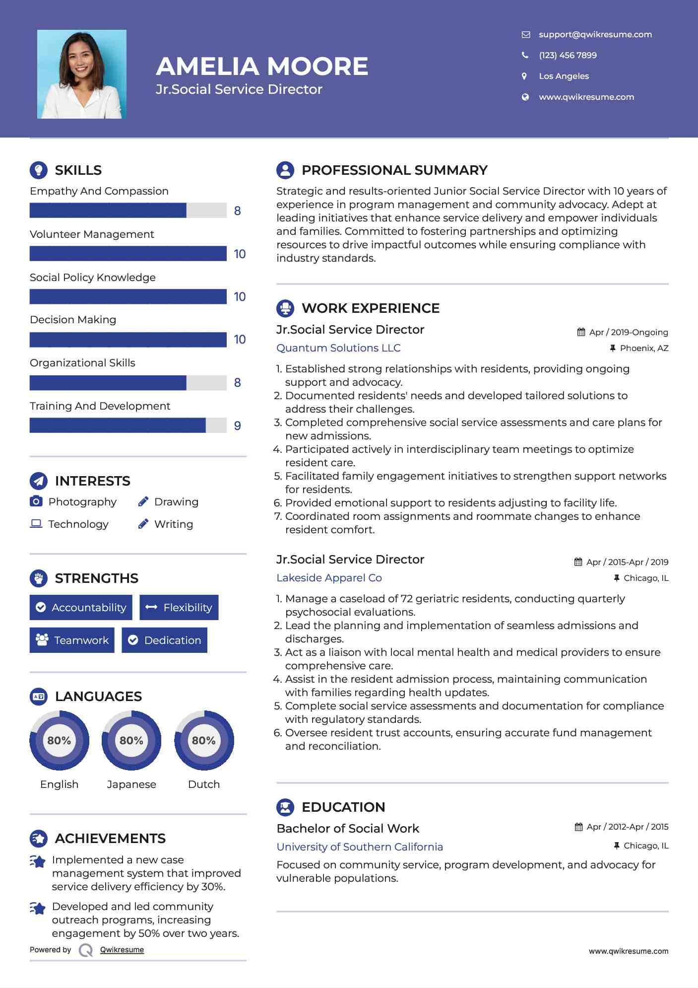 Jr.Social Service Director Resume Example