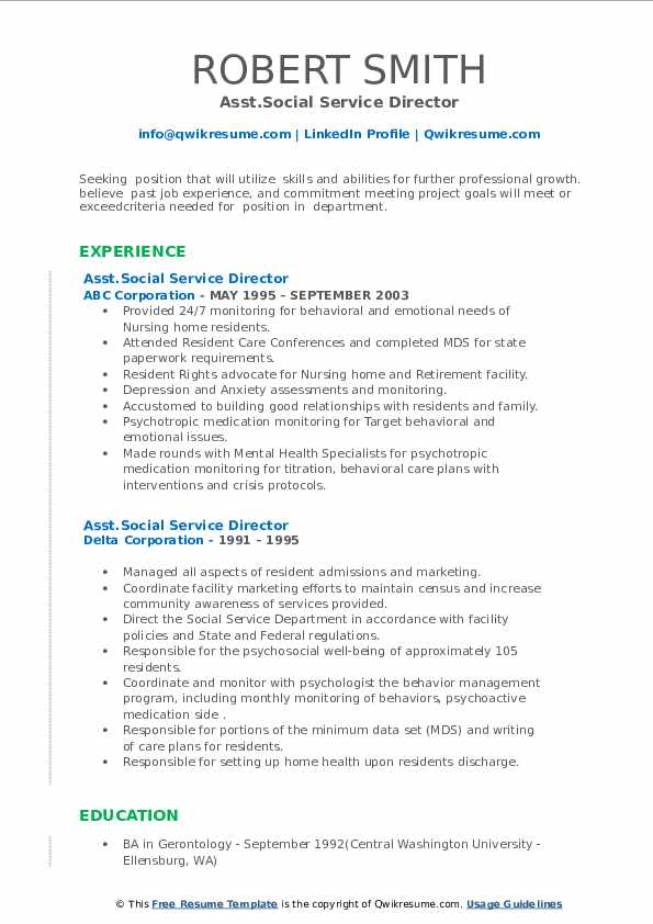 Social Service Director Resume Samples QwikResume