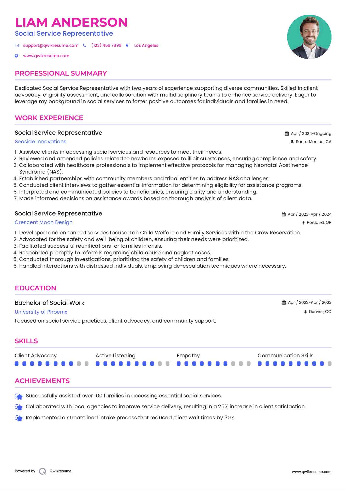 Social Service Representative Resume Template